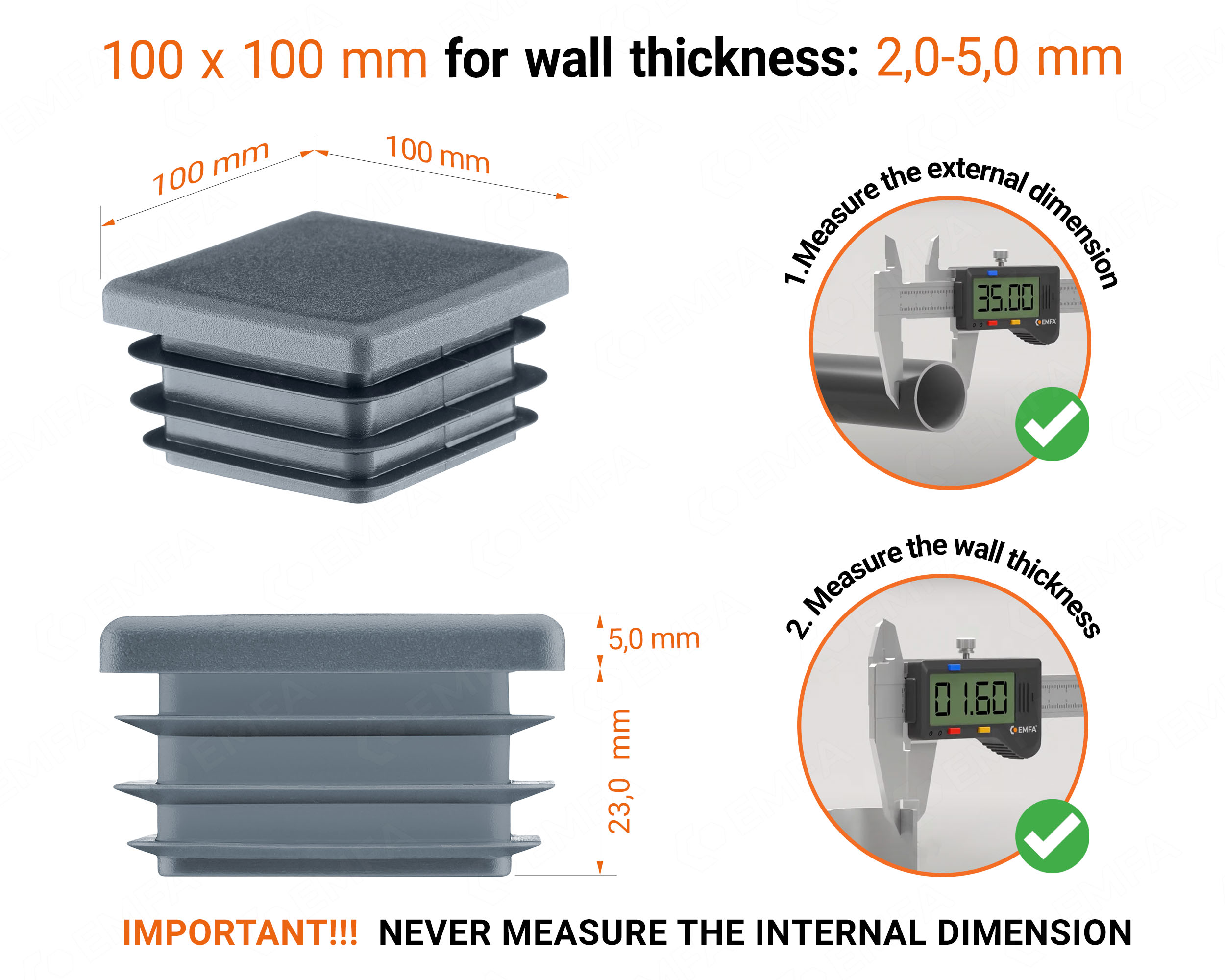 Anthracite plastic end cap for square tubes in size 100x100 mm with technical dimensions and instructions for correct measurement