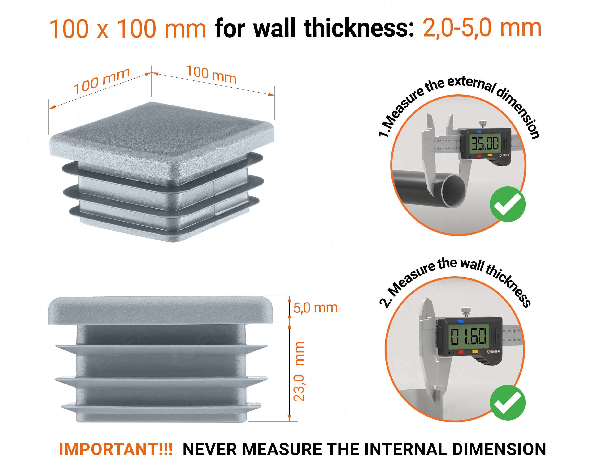 Grey plastic end cap for square tubes in size 100x100 mm with technical dimensions and instructions for correct measurement