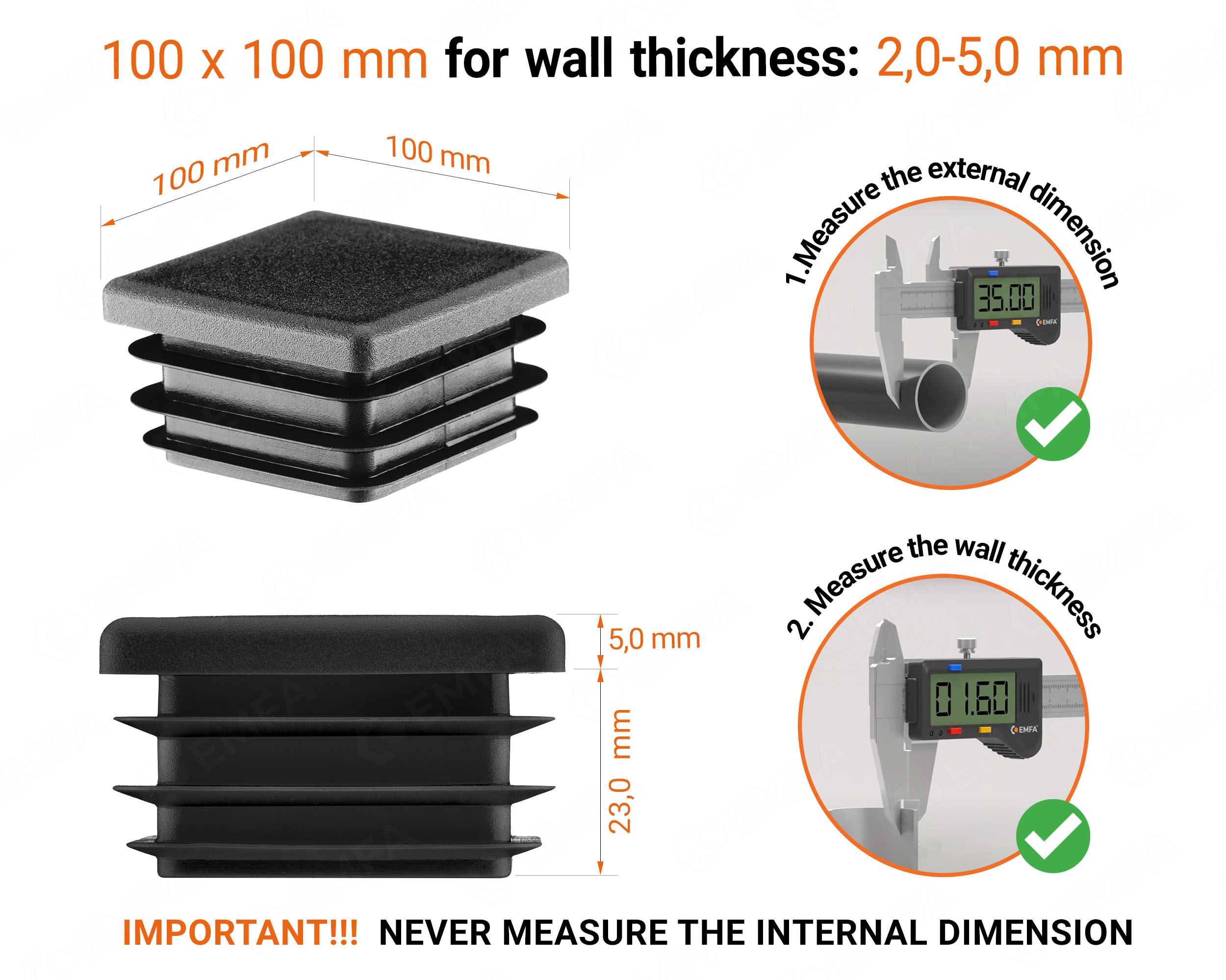 Black plastic end cap for square tubes in size 100x100 mm with technical dimensions and instructions for correct measurement