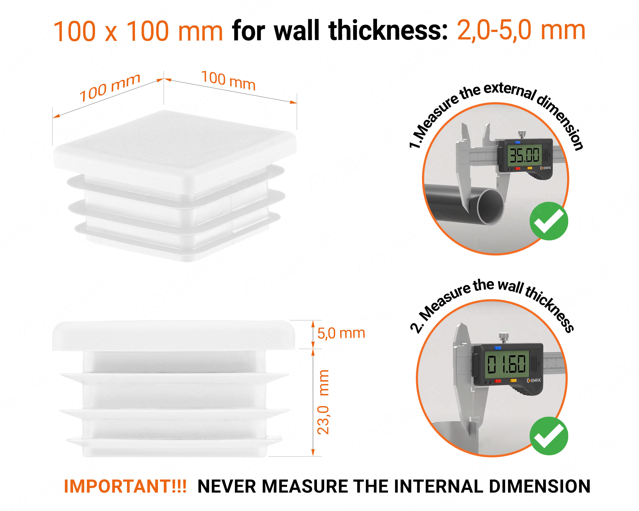 White plastic end cap for square tubes in size 100x100 mm with technical dimensions and instructions for correct measurement