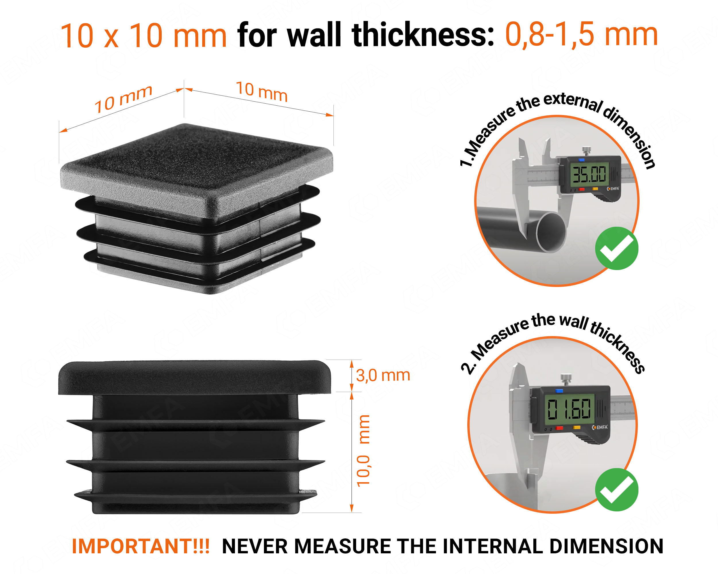 Black plastic end cap for square tubes in size 10x10 mm with technical dimensions and instructions for correct measurement