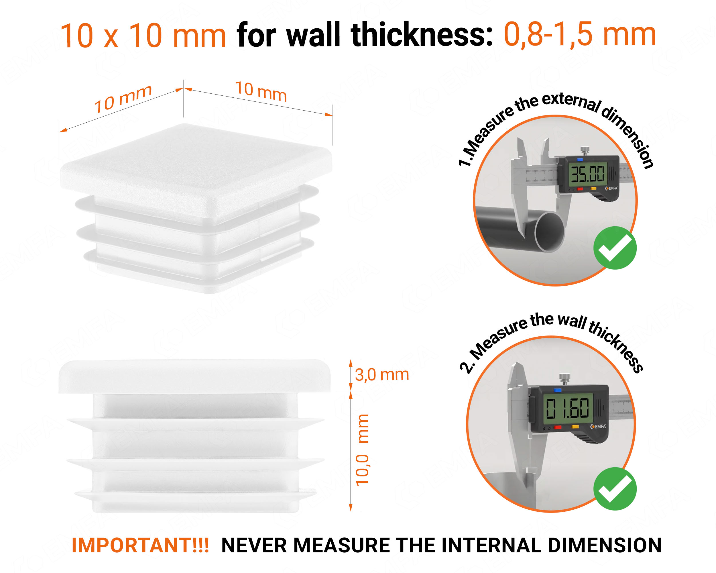 White plastic end cap for square tubes in size 10x10 mm with technical dimensions and instructions for correct measurement