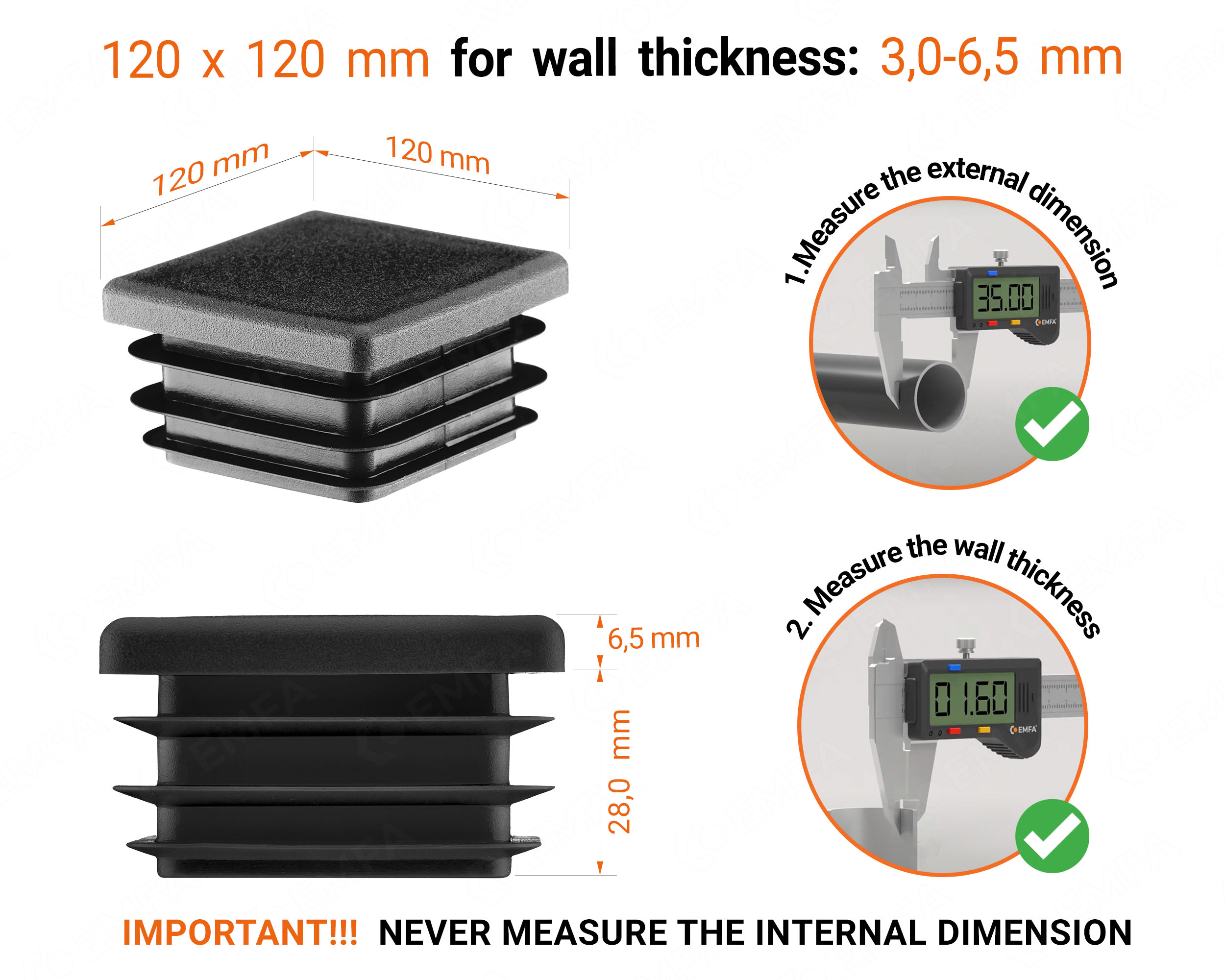 Black plastic end cap for square tubes in size 120x120 mm with technical dimensions and instructions for correct measurement