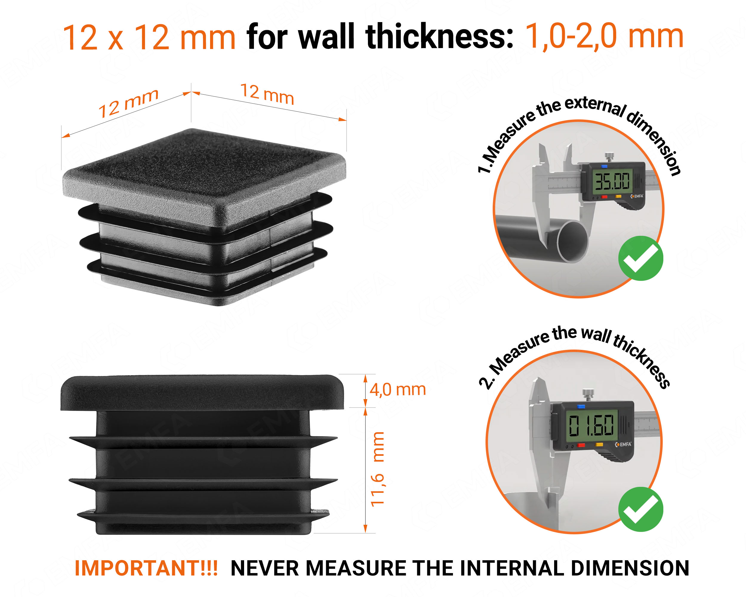 Black plastic end cap for square tubes in size 12x12 mm with technical dimensions and instructions for correct measurement