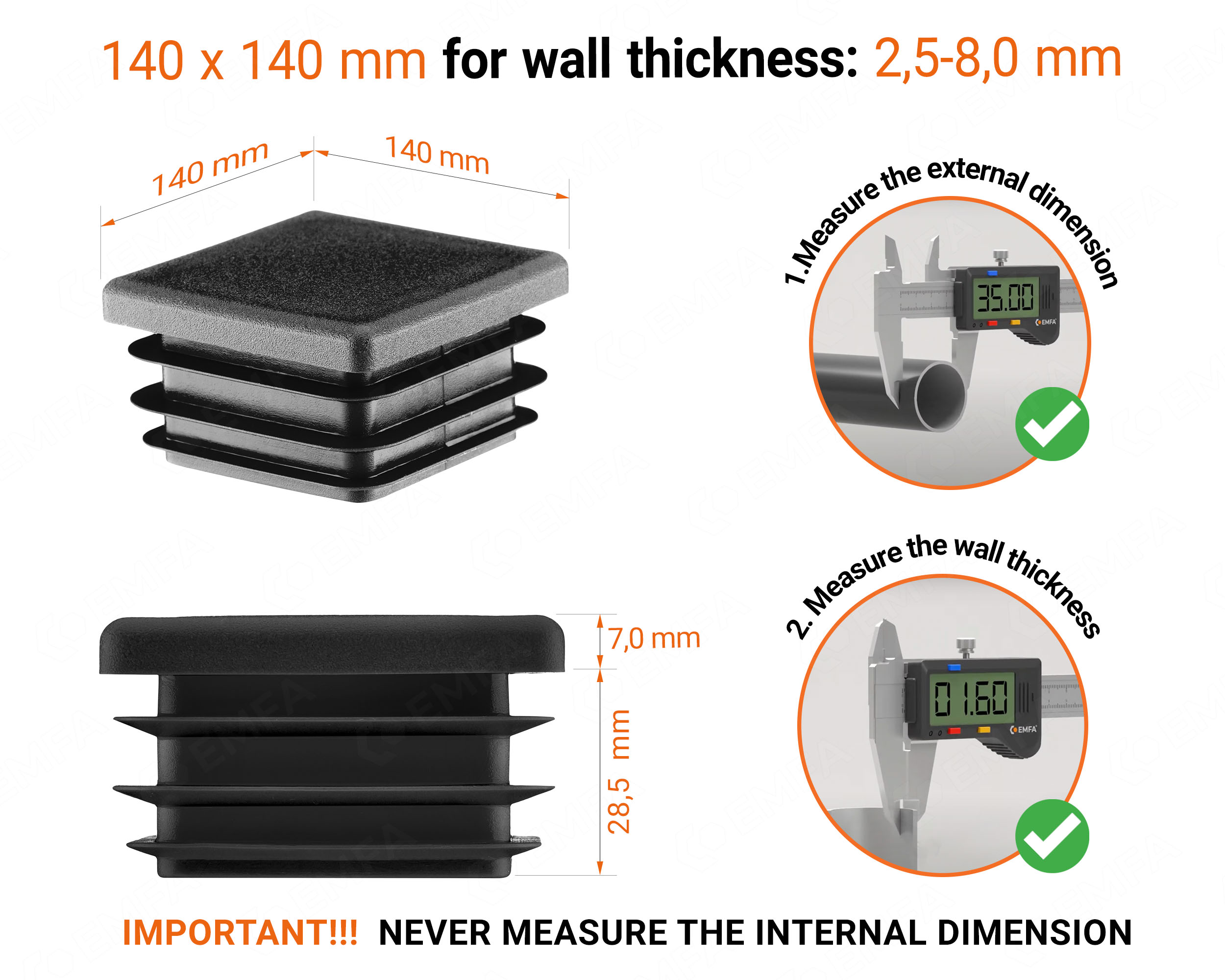 Black plastic end cap for square tubes in size 140x140 mm with technical dimensions and instructions for correct measurement