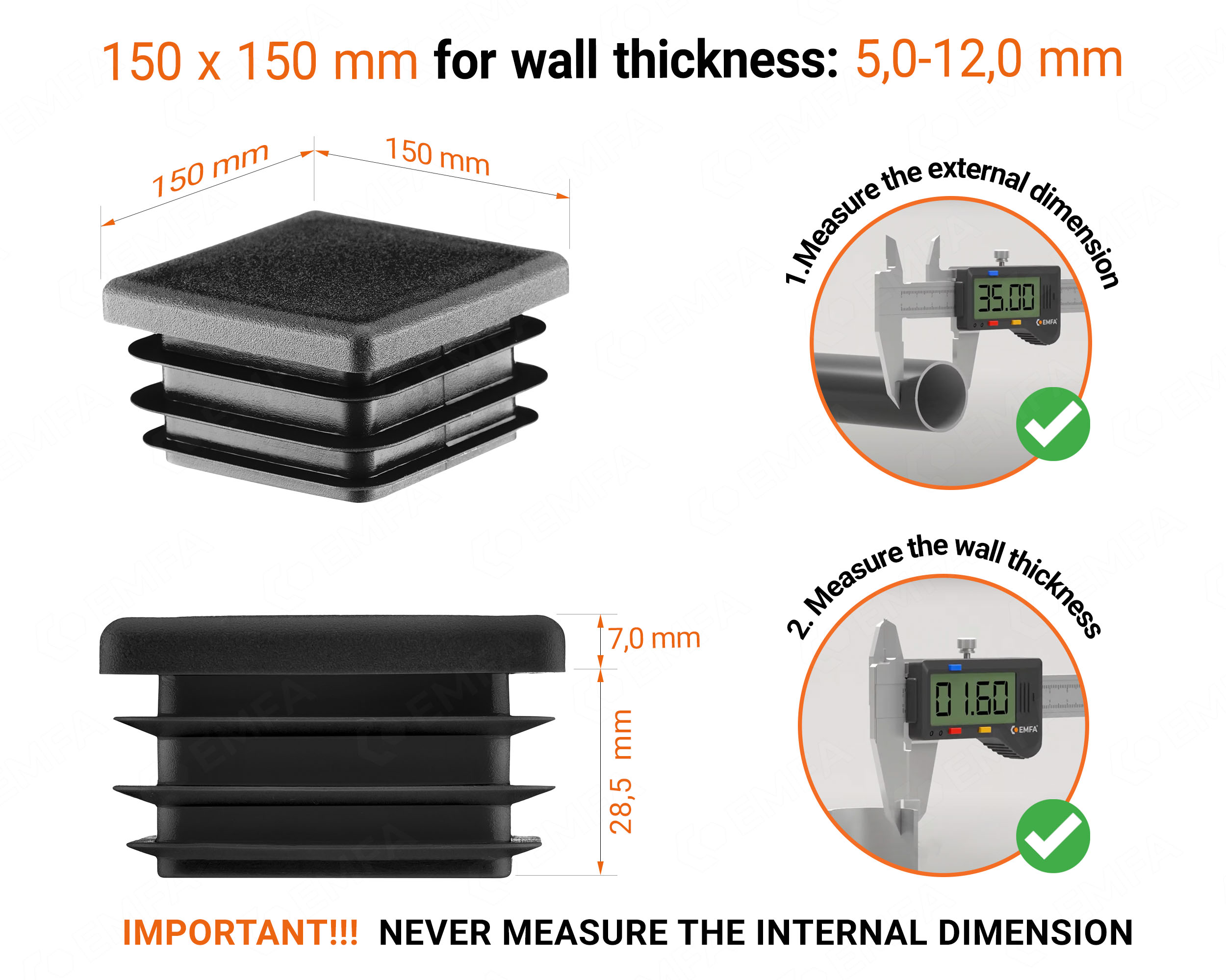 Black plastic end cap for square tubes in size 150x150 mm with technical dimensions and instructions for correct measurement