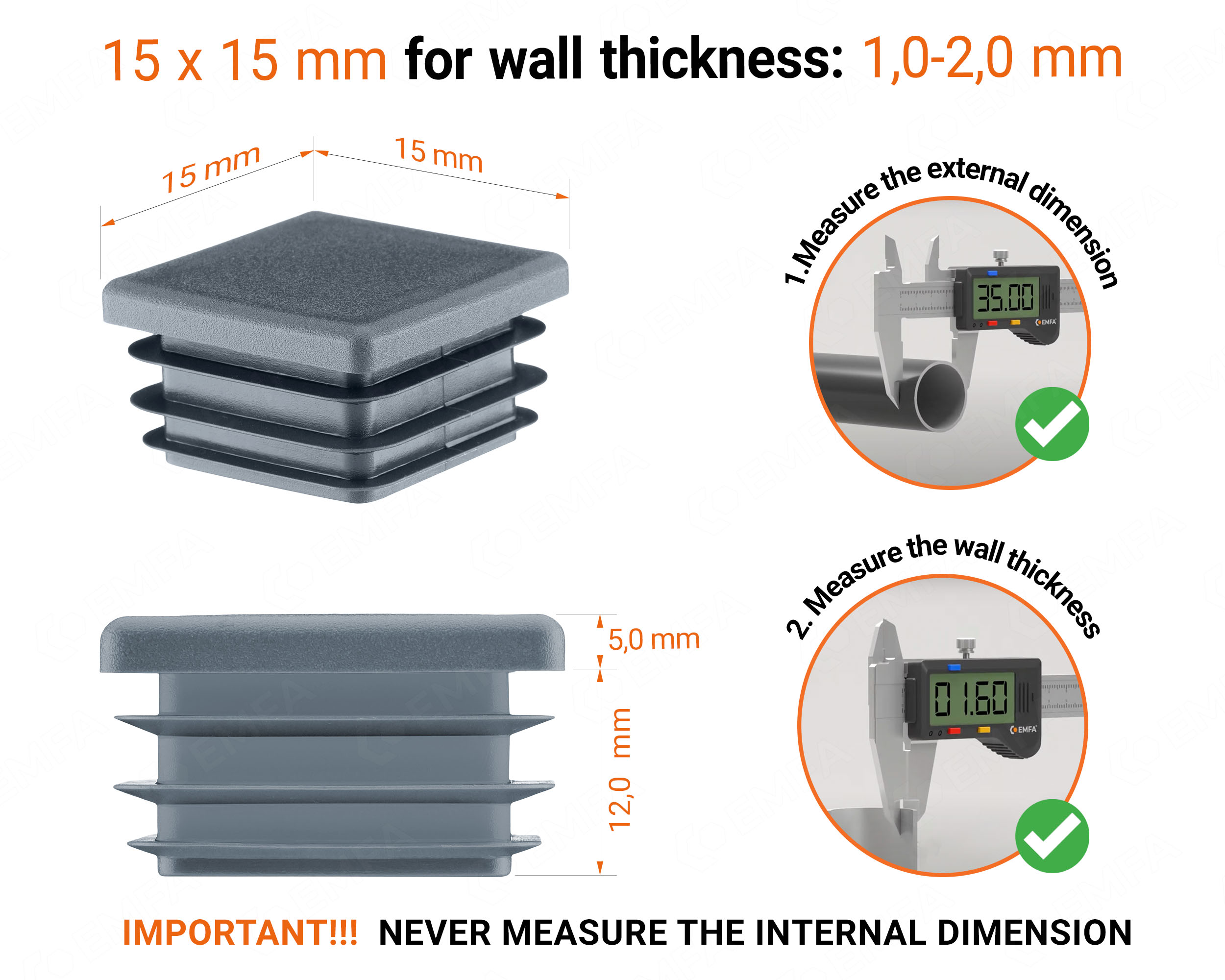 Anthracite plastic end cap for square tubes in size 15x15 mm with technical dimensions and instructions for correct measurement