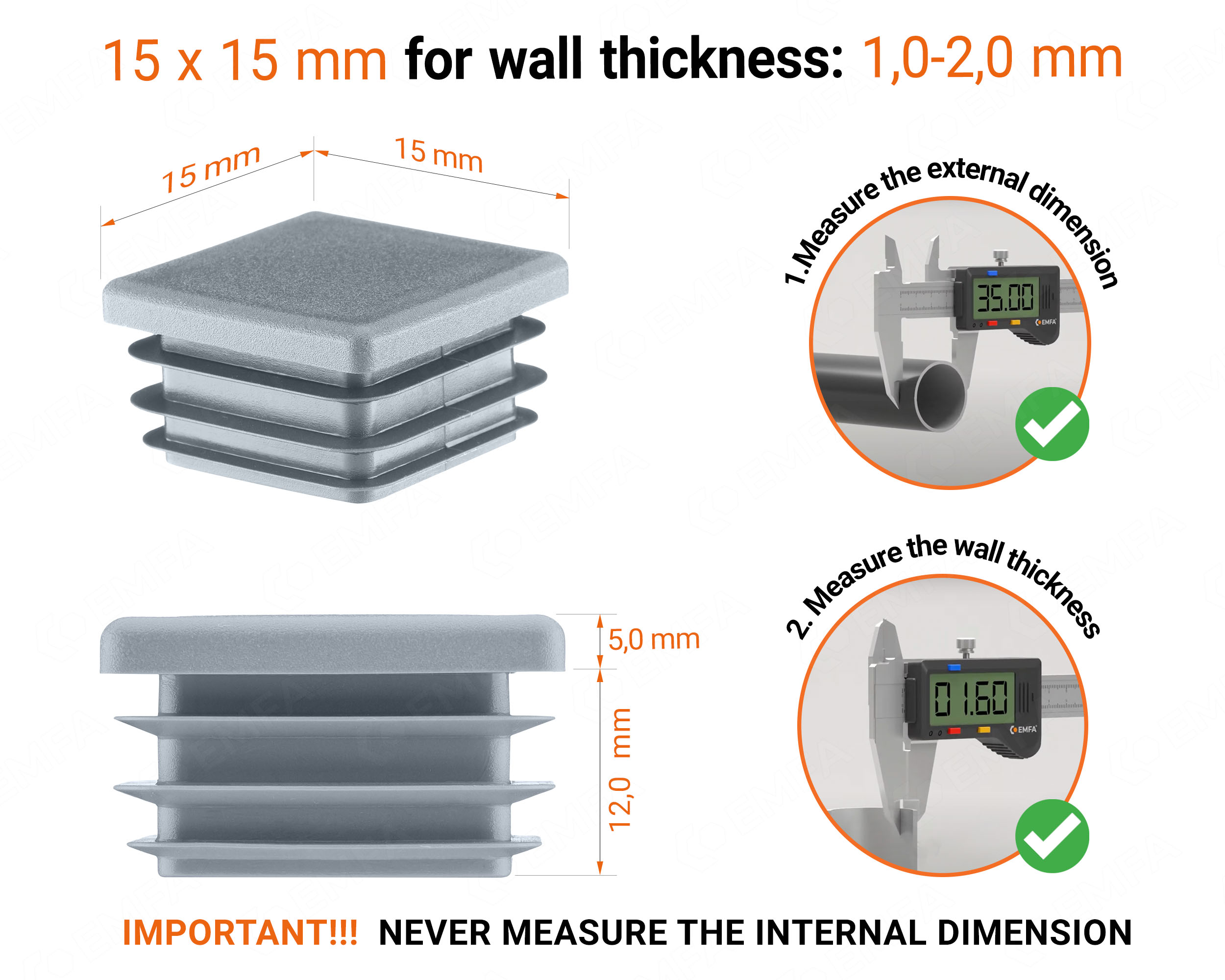 Grey plastic end cap for square tubes in size 15x15 mm with technical dimensions and instructions for correct measurement