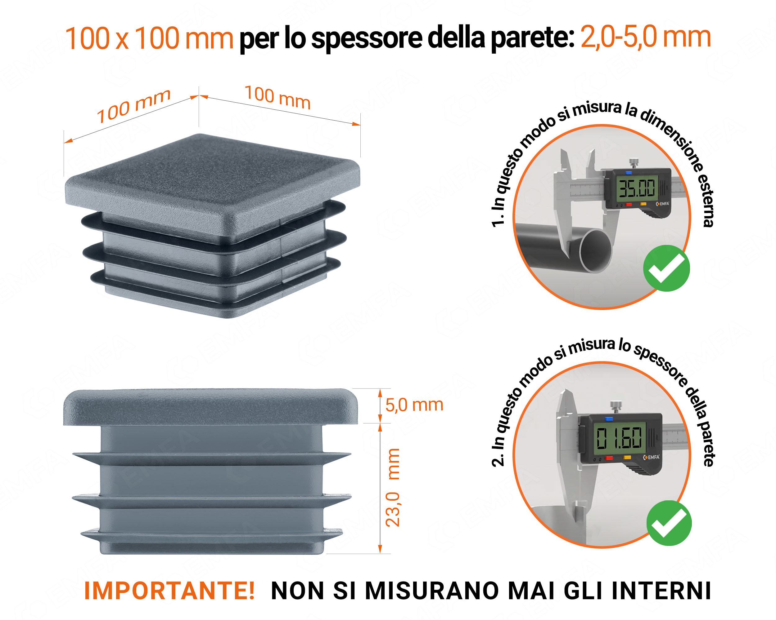 Tappo di chiusura in plastica colore Antracite per tubi quadrati nella misura di 100x100 mm con dimensioni tecniche e istruzioni per la misurazione corretta.