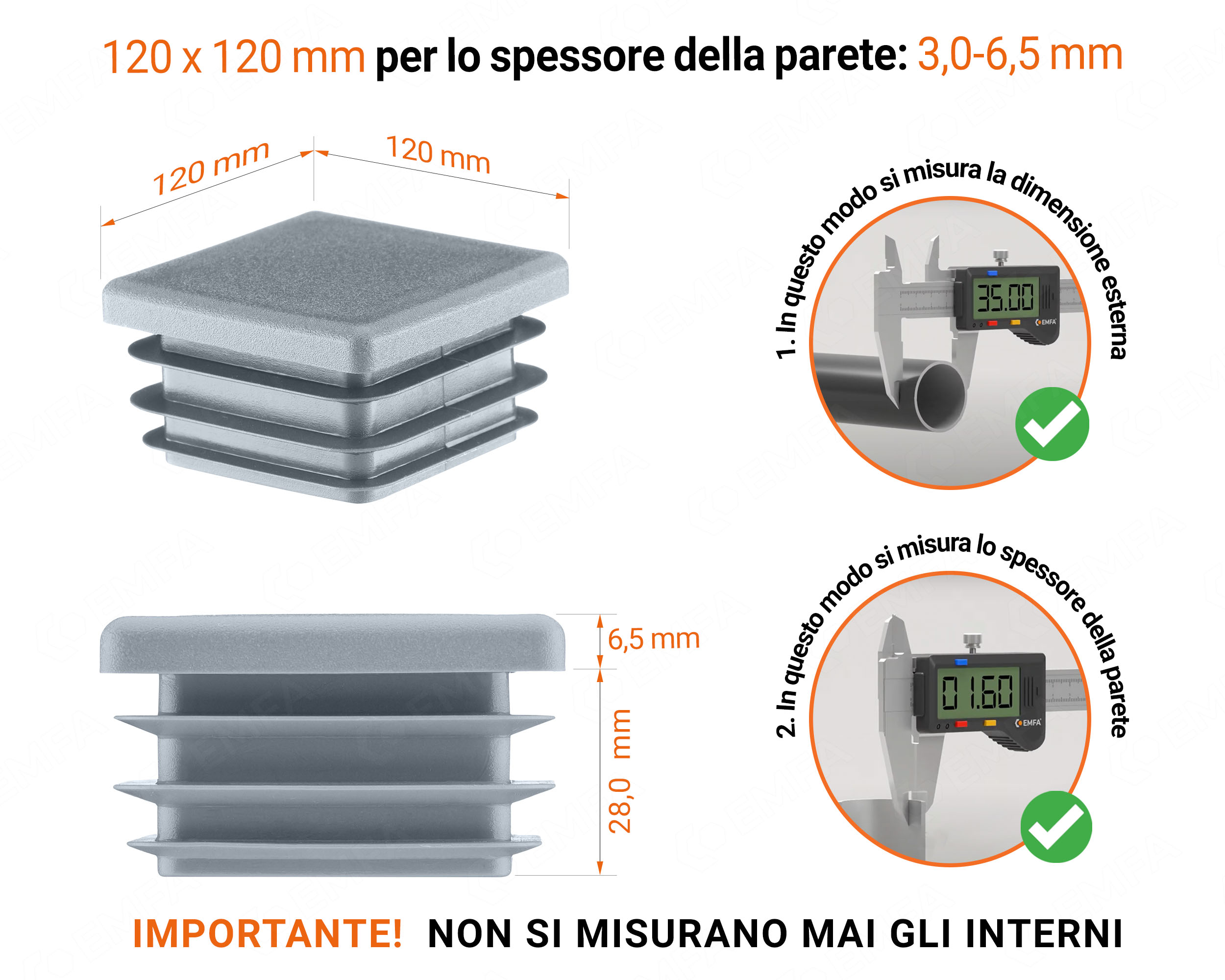 Tappo di chiusura in plastica colore Grigio per tubi quadrati nella misura di 120x120 mm con dimensioni tecniche e istruzioni per la misurazione corretta.