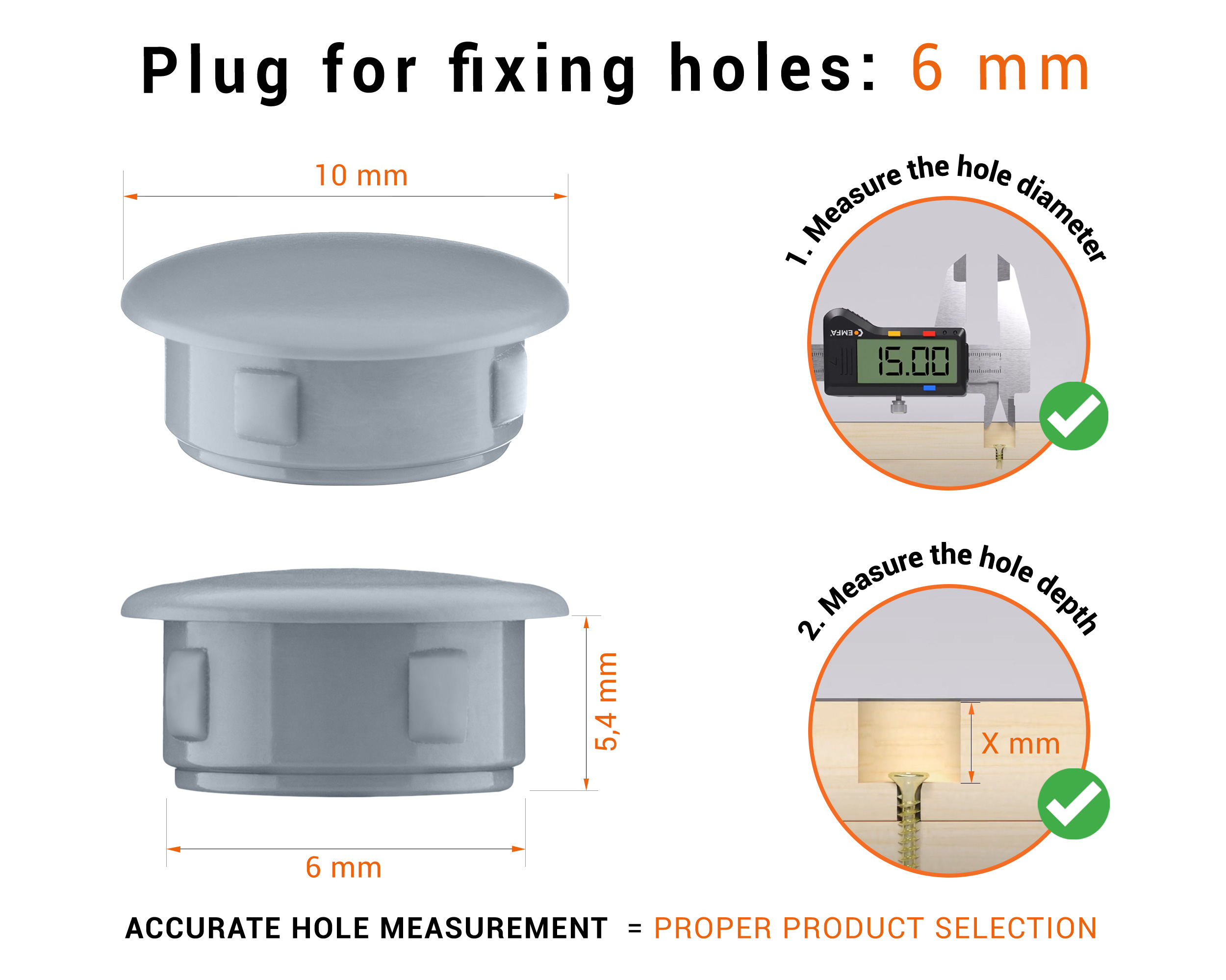 Greyplastic blanking plug 6 mm hole plug with technical dimensions and instructions for correct measurement