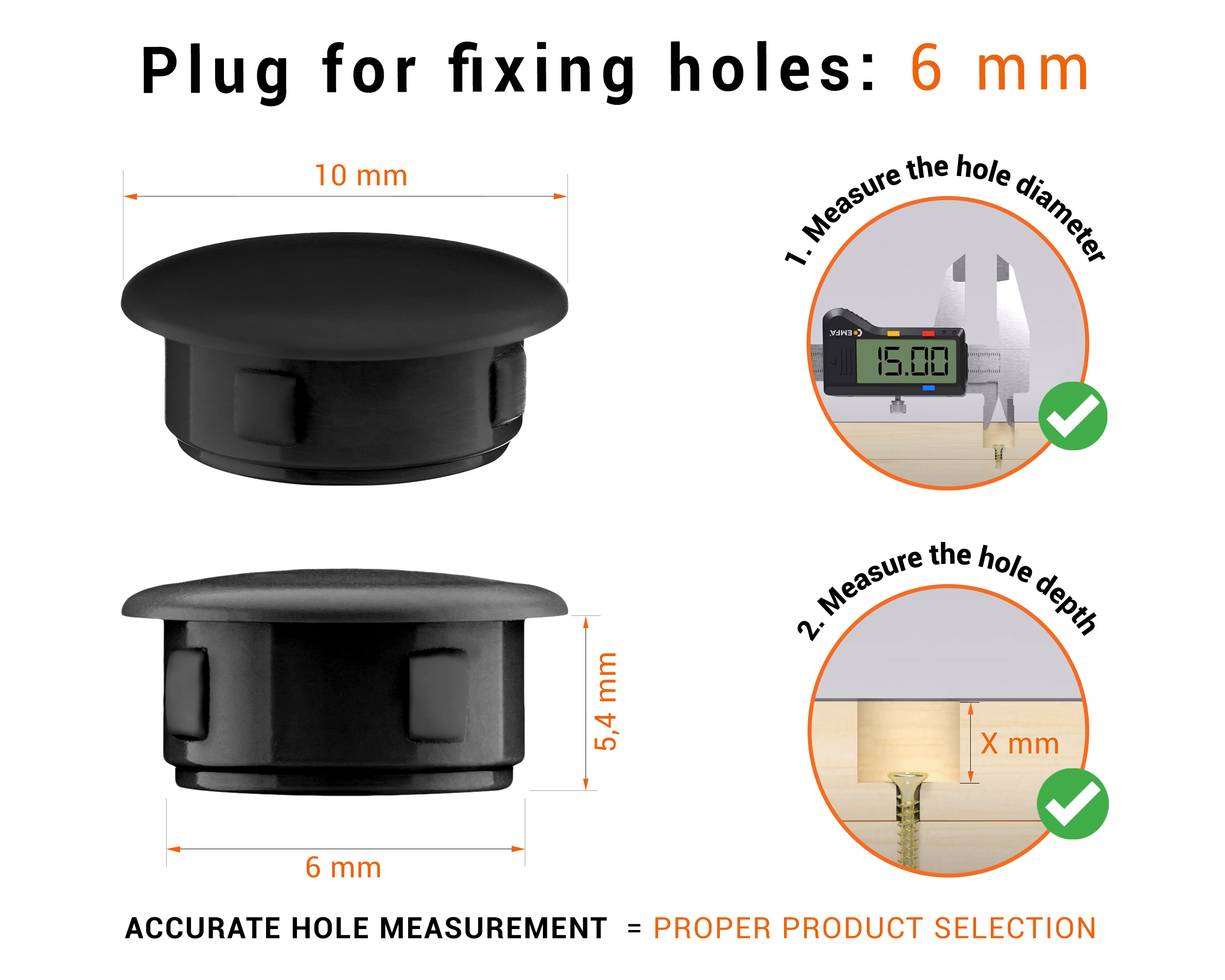 Blackplastic blanking plug 6 mm hole plug with technical dimensions and instructions for correct measurement