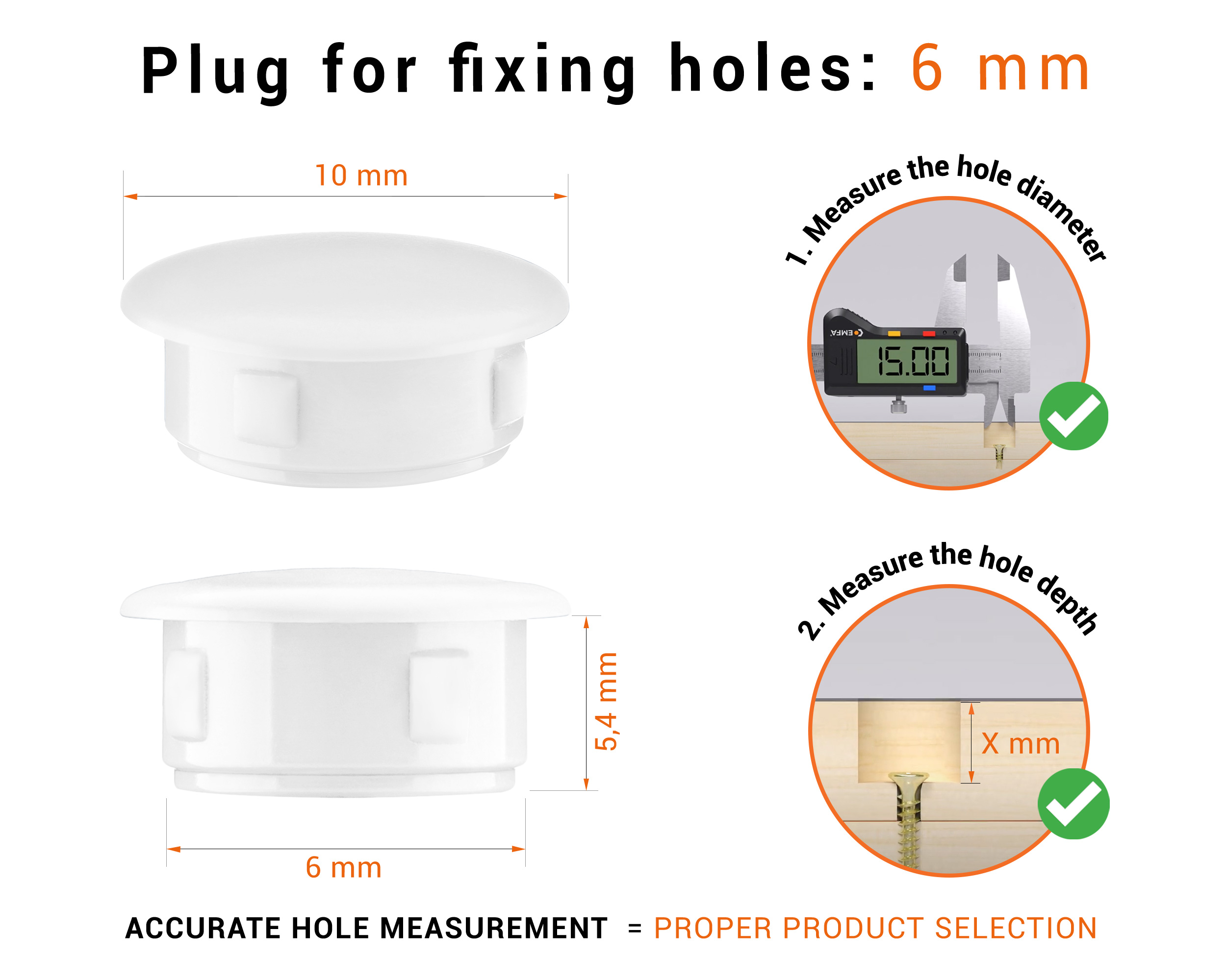 Whiteplastic blanking plug 6 mm hole plug with technical dimensions and instructions for correct measurement