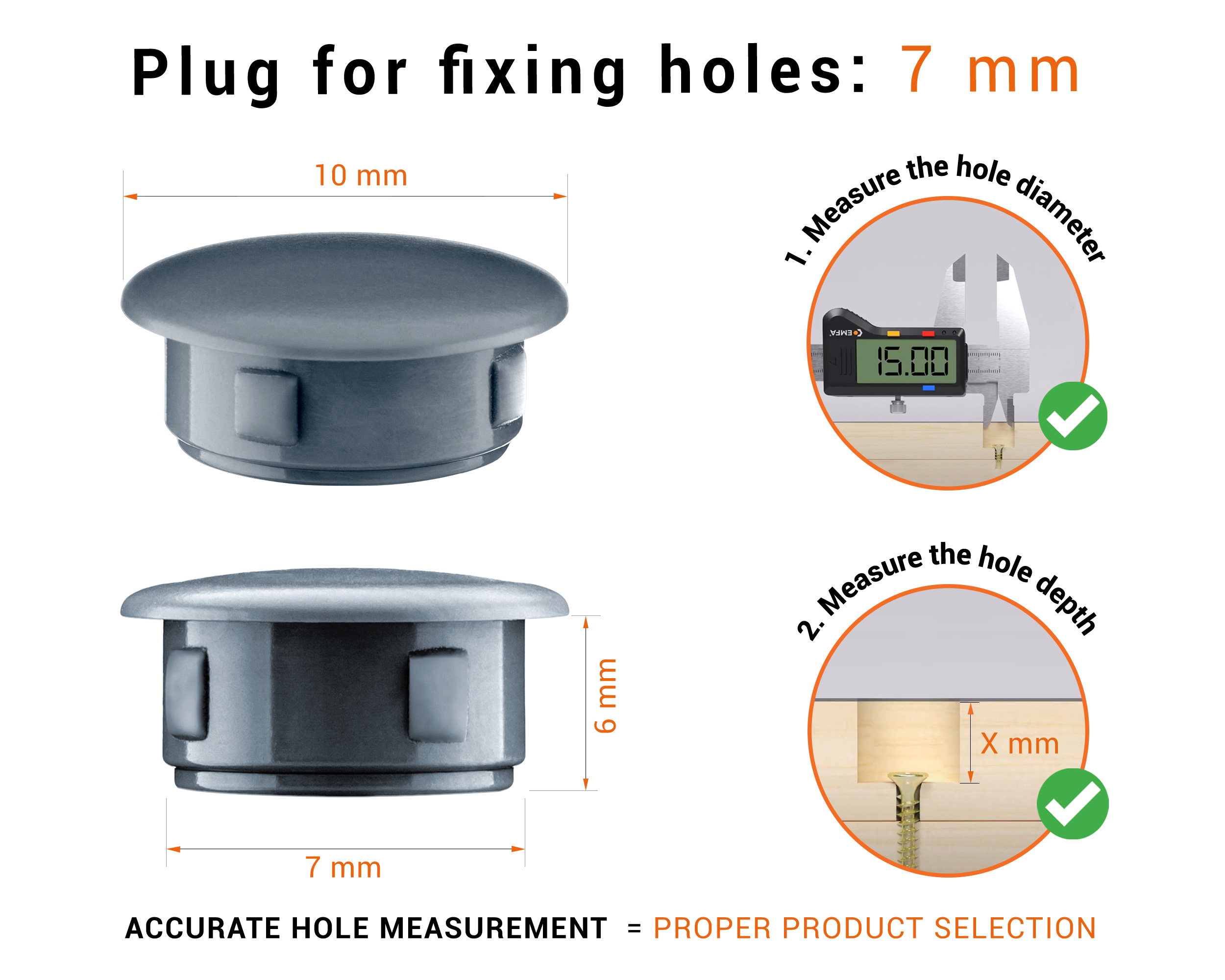 Anthraciteplastic blanking plug 7 mm hole plug with technical dimensions and instructions for correct measurement