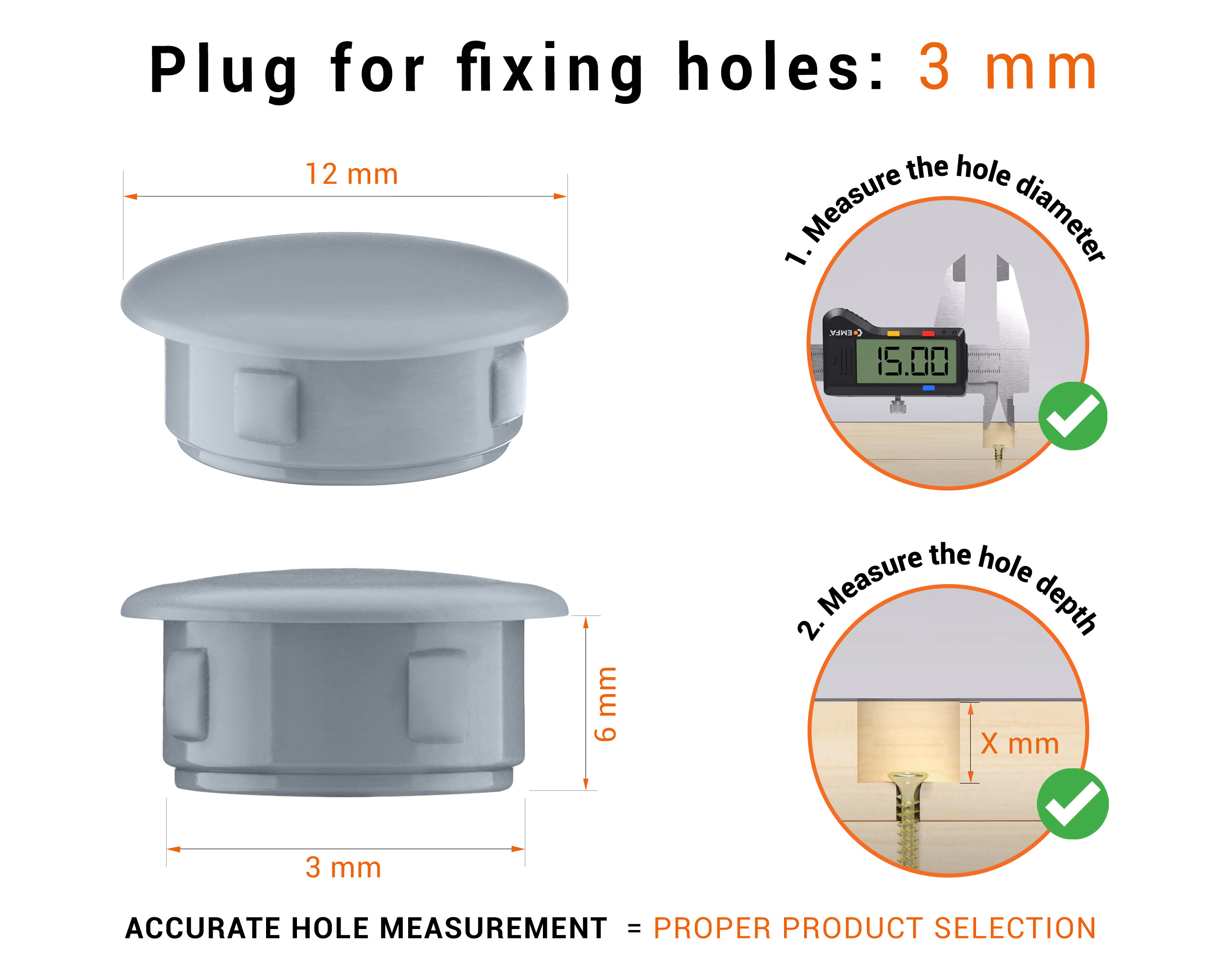 Greyplastic blanking plug 3 mm hole plug with technical dimensions and instructions for correct measurement