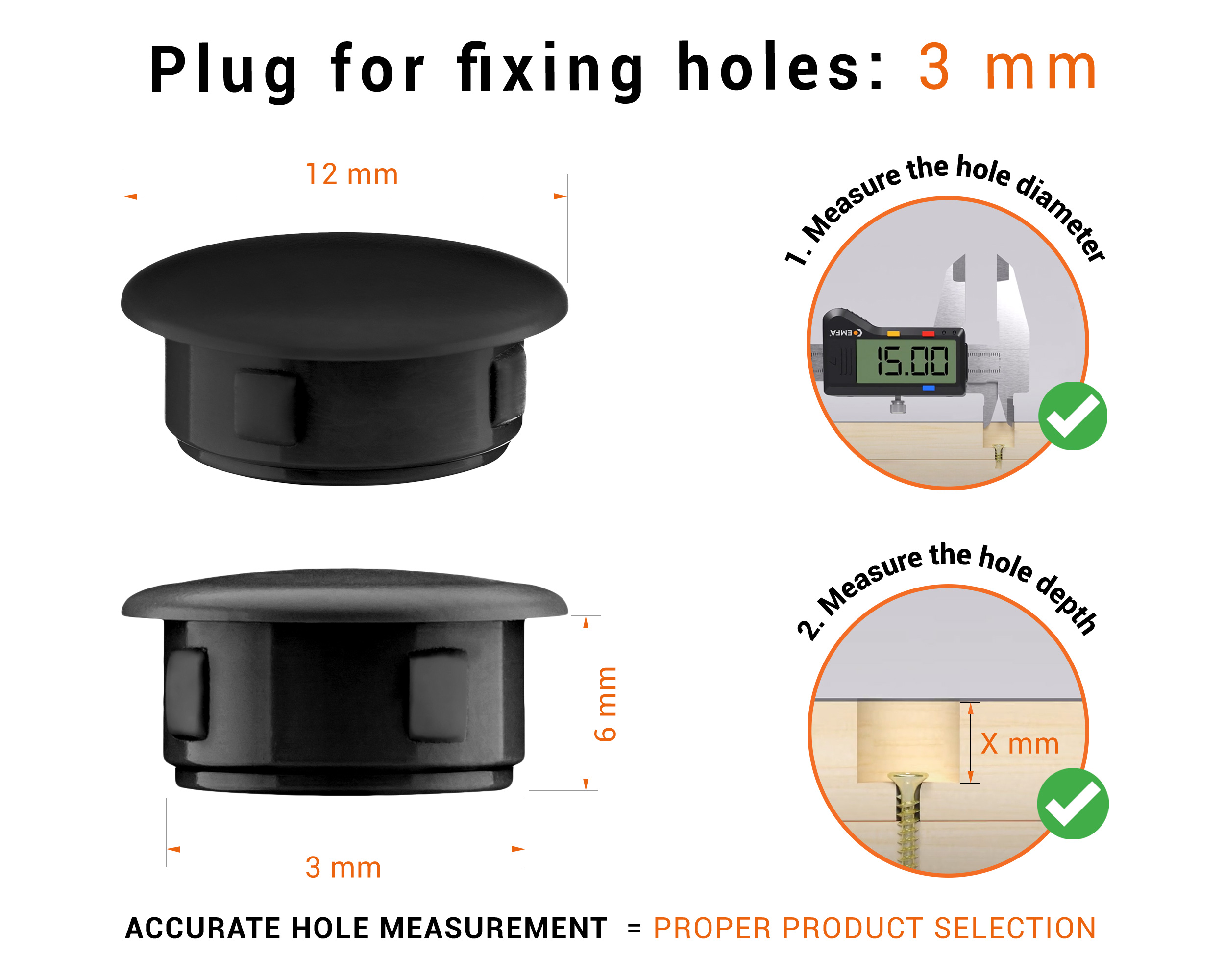 Blackplastic blanking plug 3 mm hole plug with technical dimensions and instructions for correct measurement