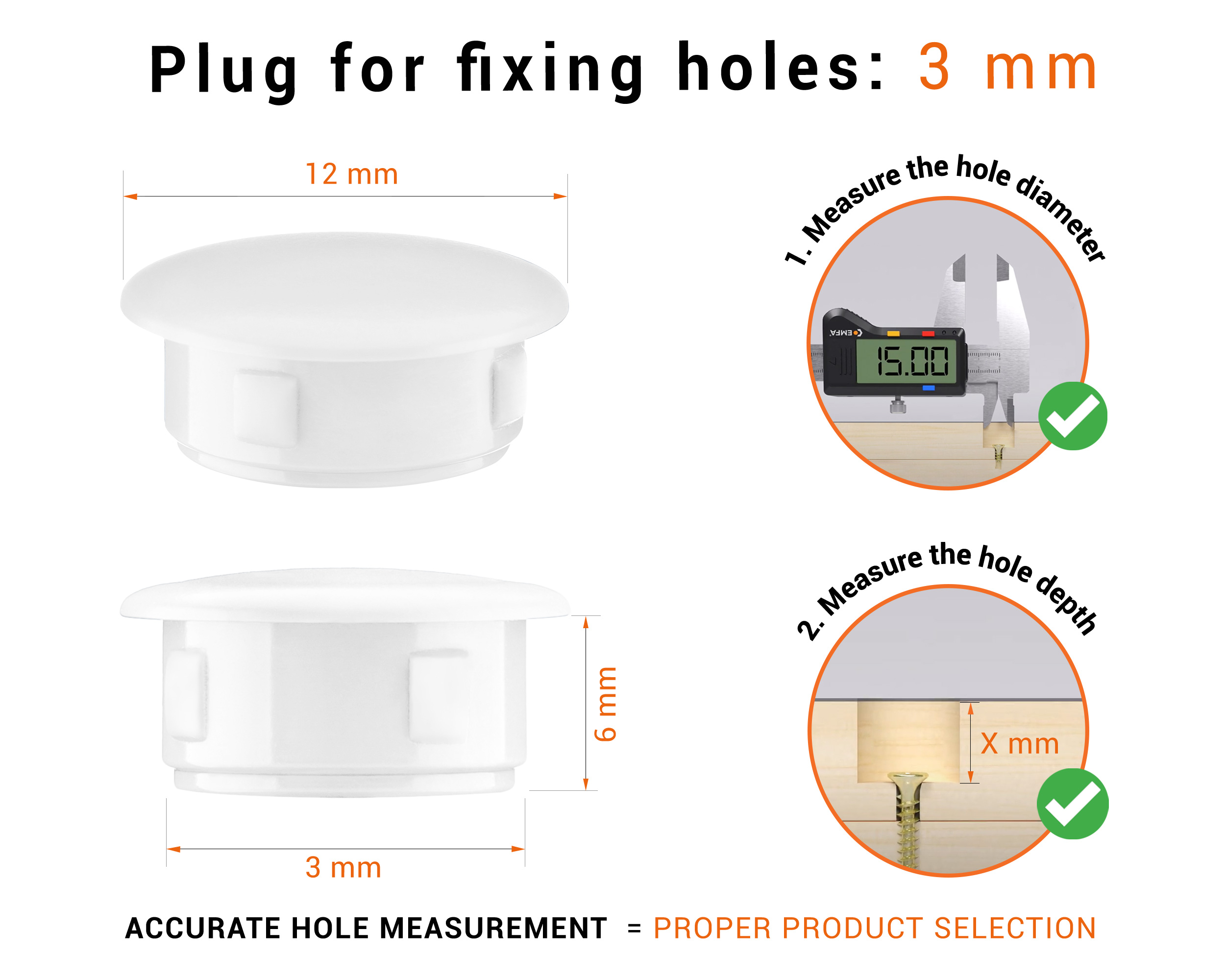 Whiteplastic blanking plug 3 mm hole plug with technical dimensions and instructions for correct measurement