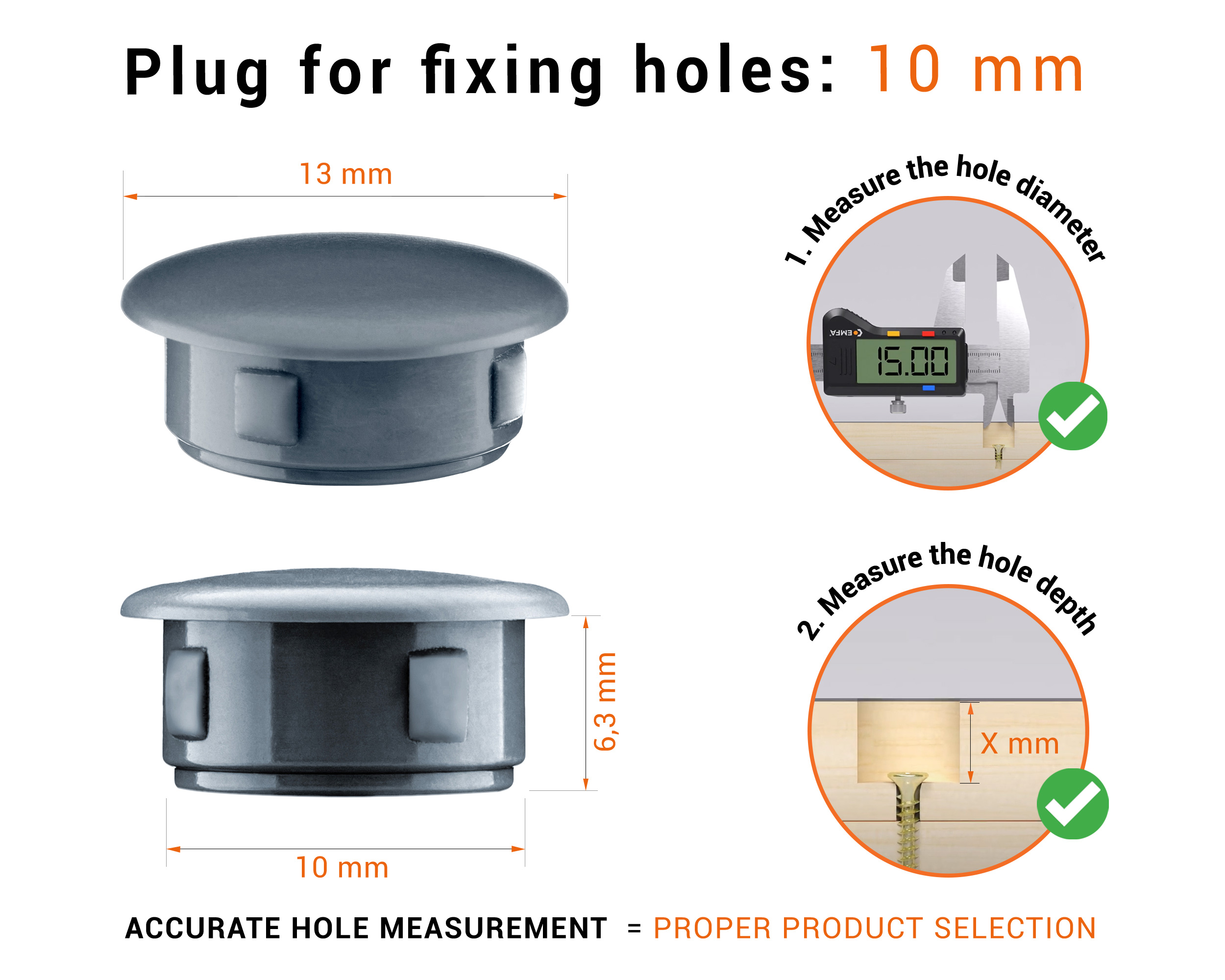 Anthraciteplastic blanking plug 10 mm hole plug with technical dimensions and instructions for correct measurement