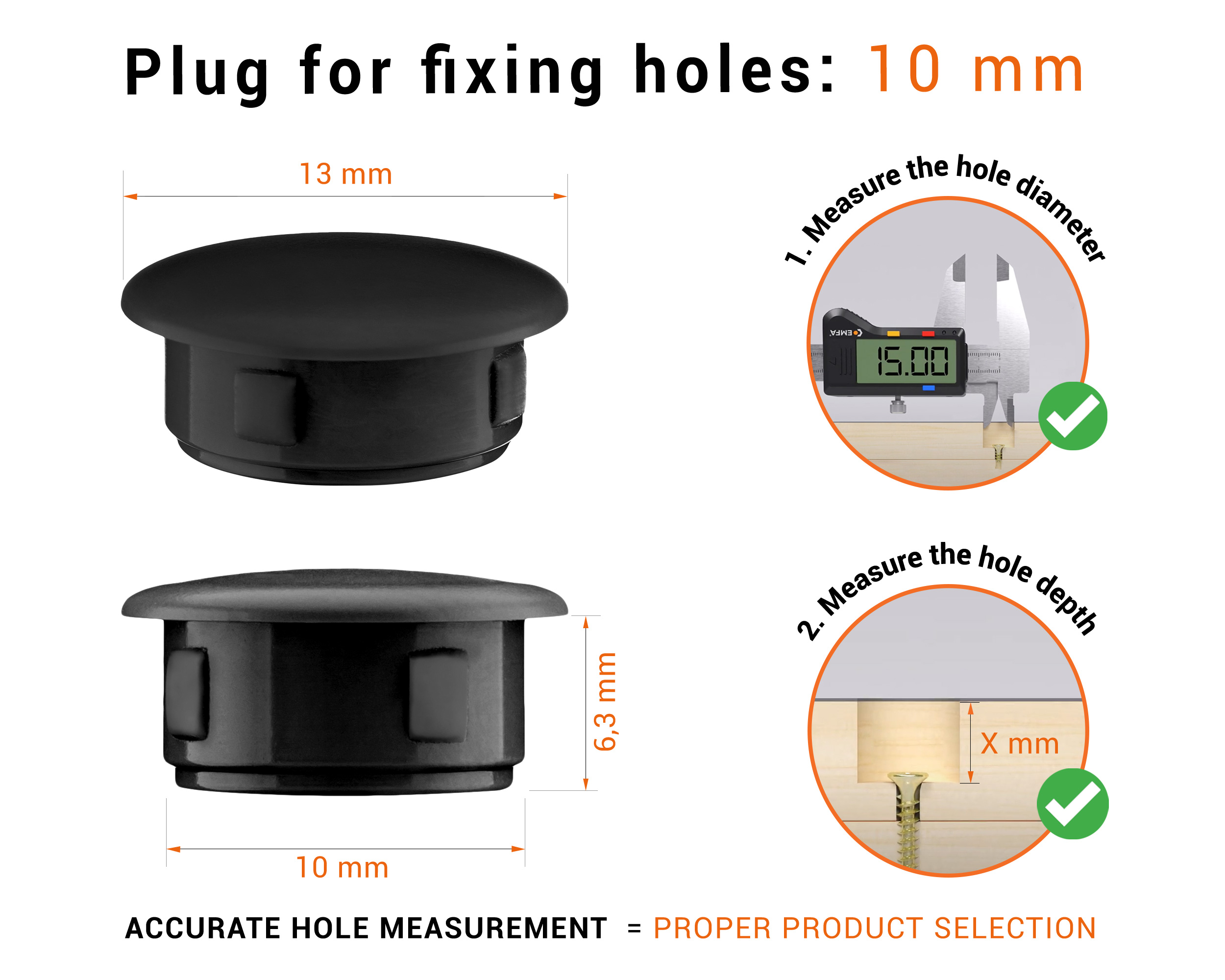 Blackplastic blanking plug 10 mm hole plug with technical dimensions and instructions for correct measurement