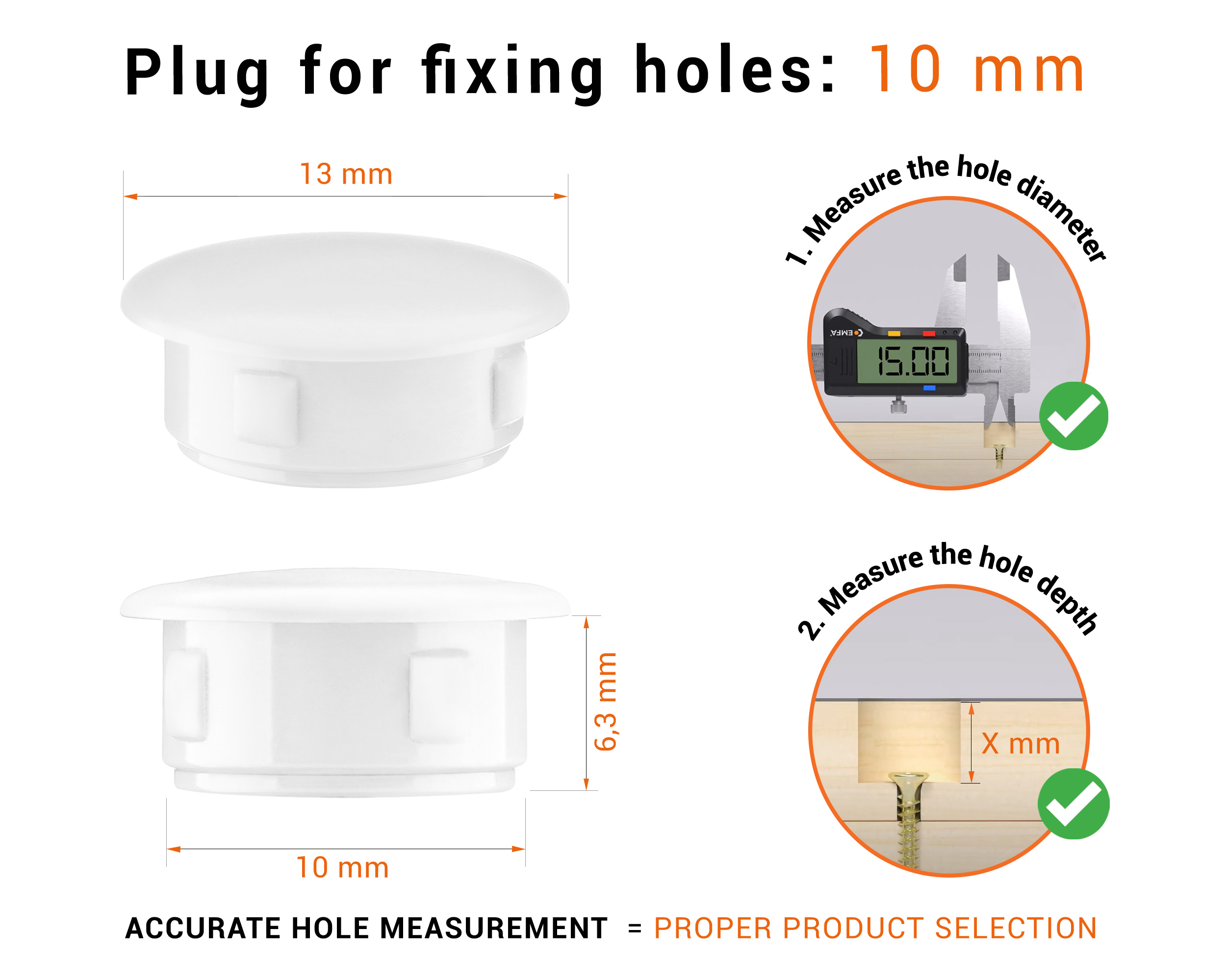 Whiteplastic blanking plug 10 mm hole plug with technical dimensions and instructions for correct measurement