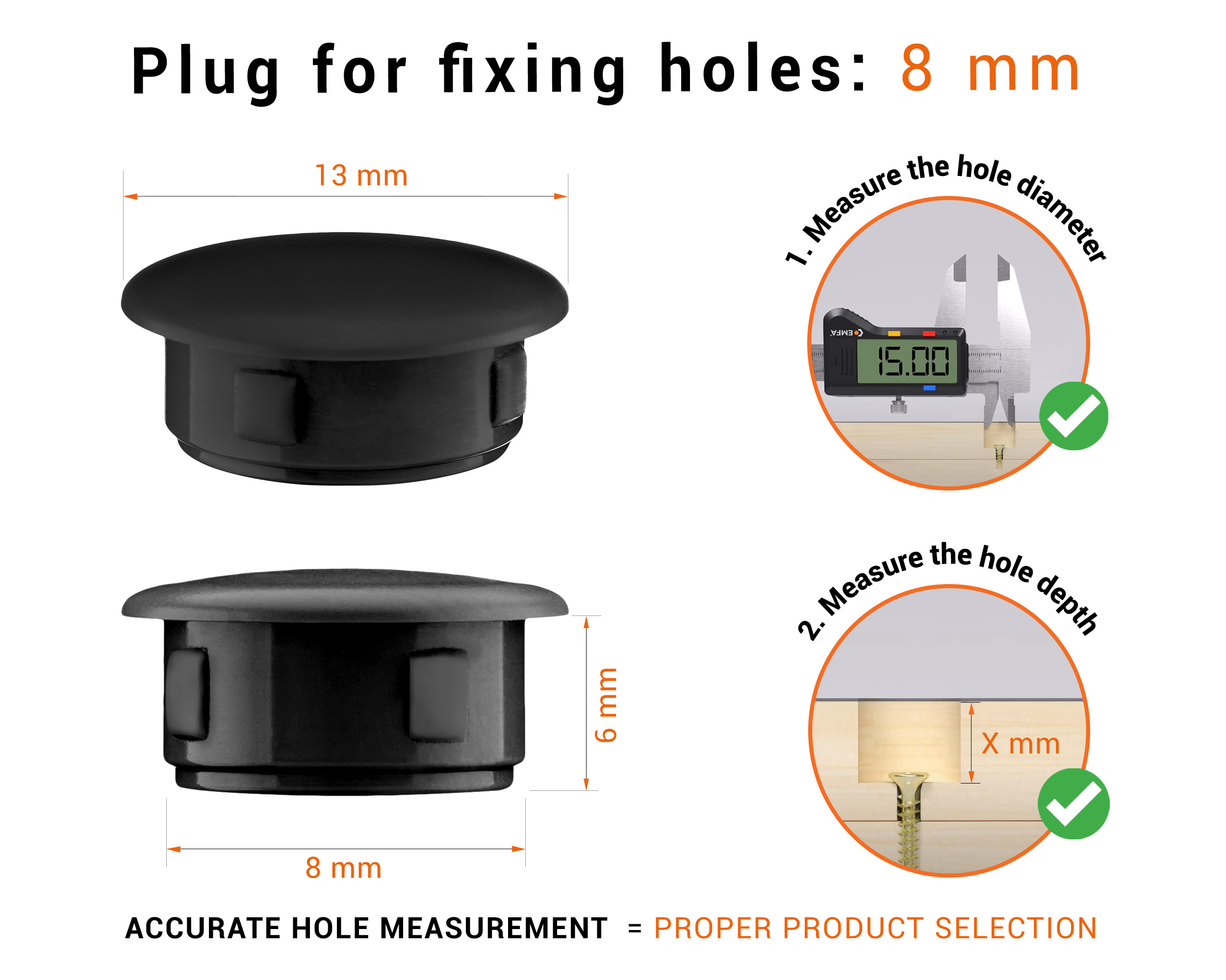 Blackplastic blanking plug 8 mm hole plug with technical dimensions and instructions for correct measurement