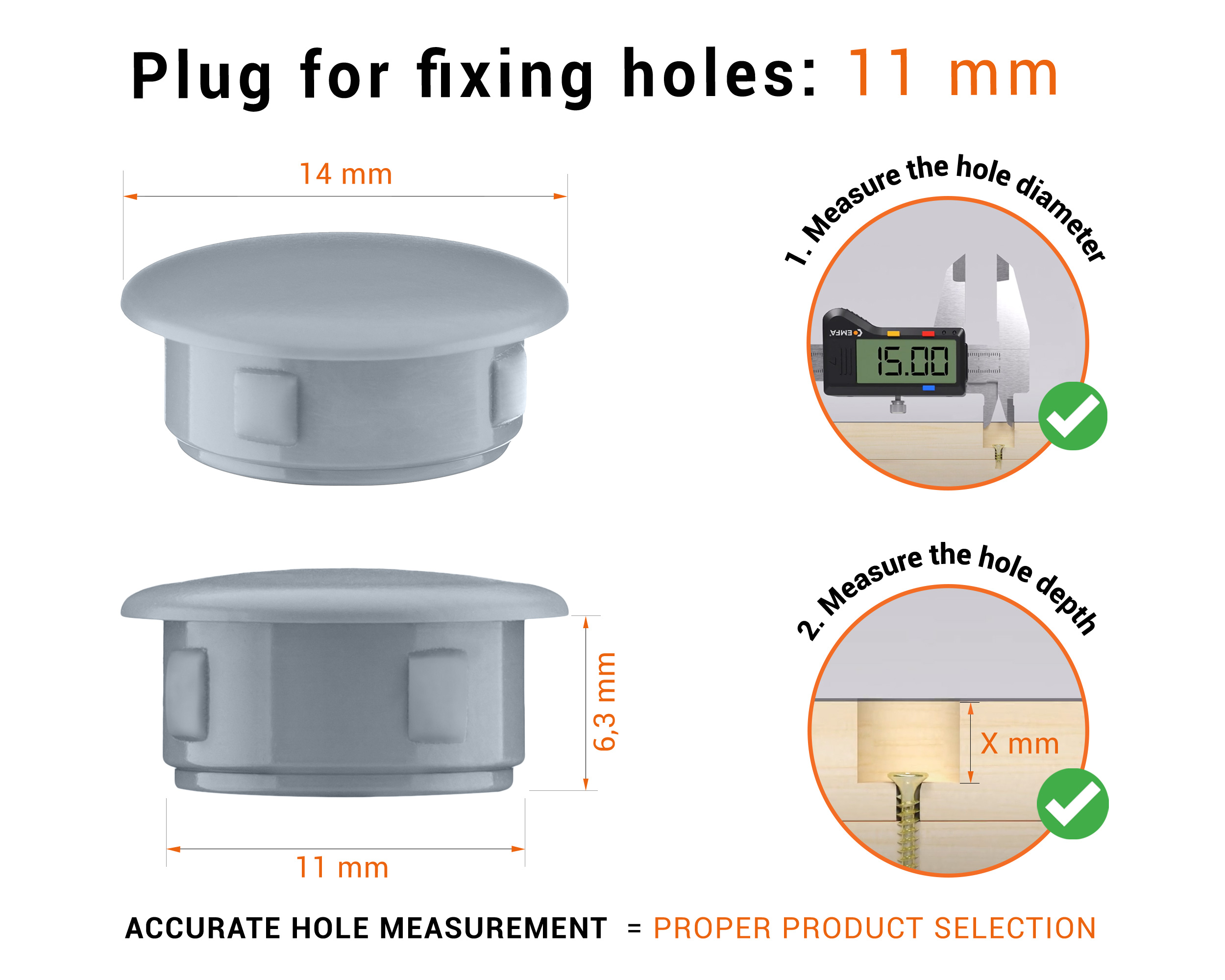 Greyplastic blanking plug 11 mm hole plug with technical dimensions and instructions for correct measurement