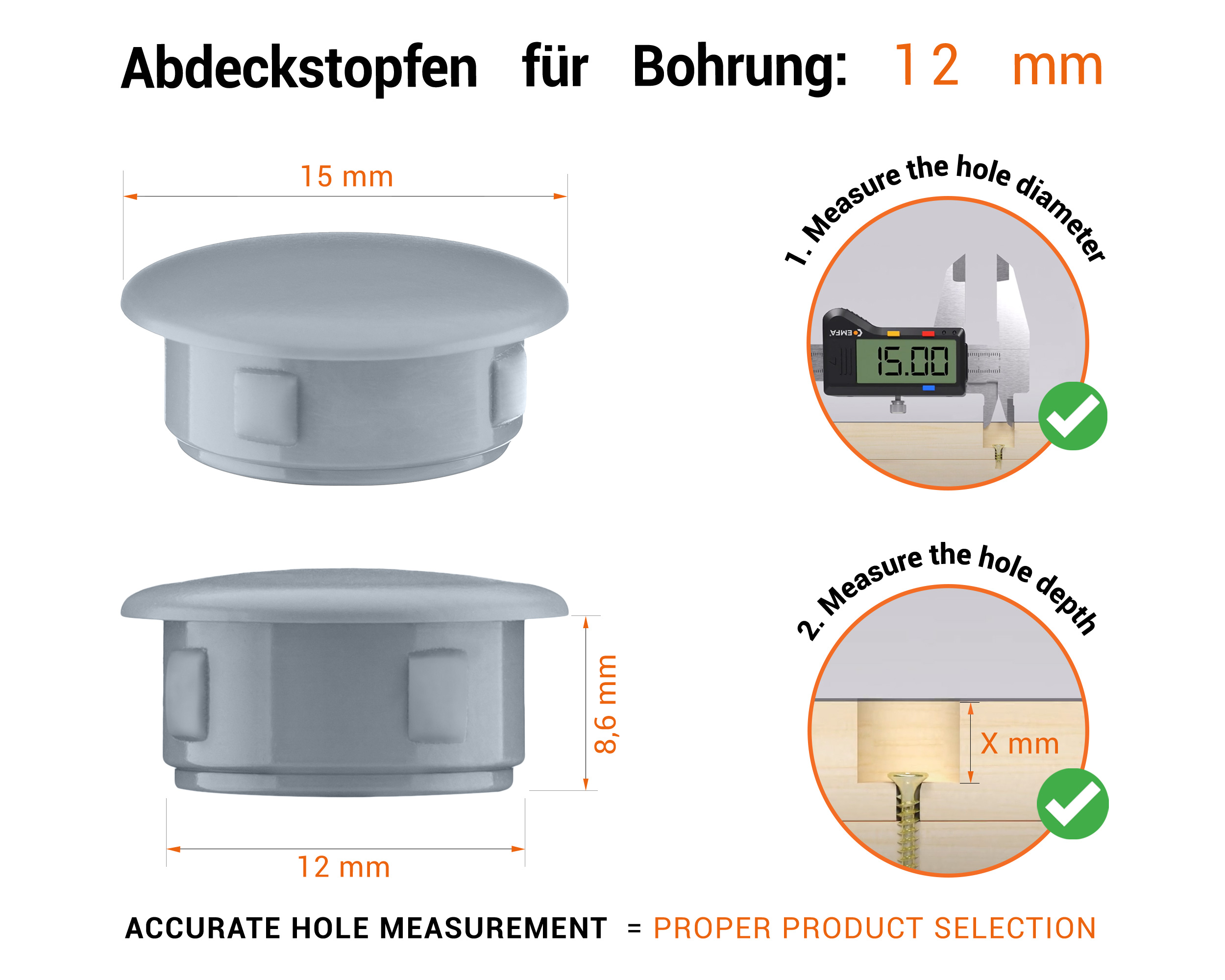 Greyplastic blanking plug 12 mm hole plug with technical dimensions and instructions for correct measurement