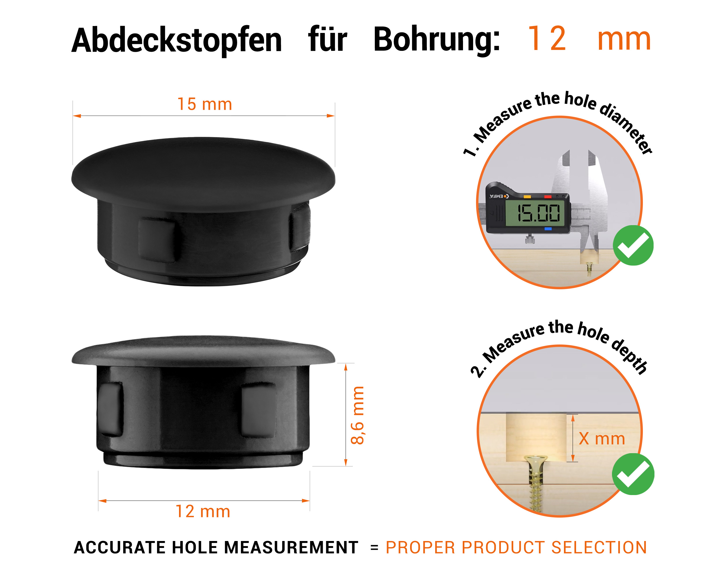 Blackplastic blanking plug 12 mm hole plug with technical dimensions and instructions for correct measurement