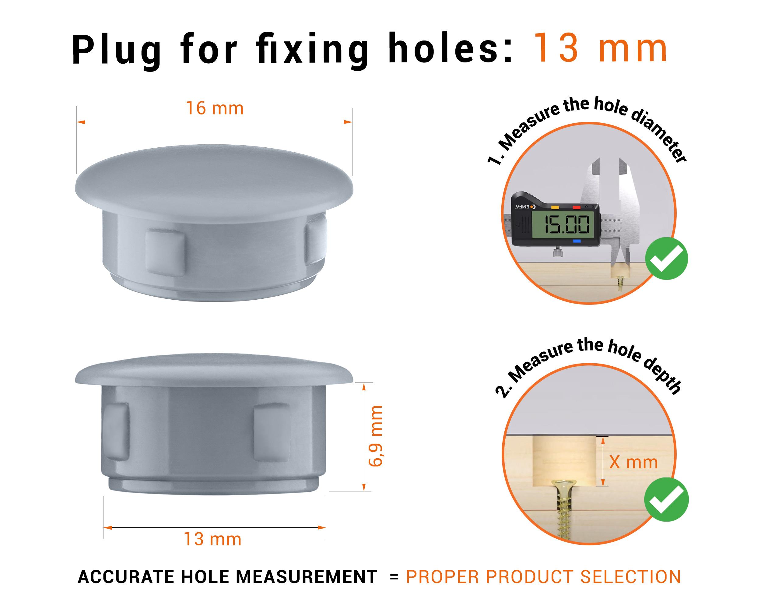 Greyplastic blanking plug 13 mm hole plug with technical dimensions and instructions for correct measurement