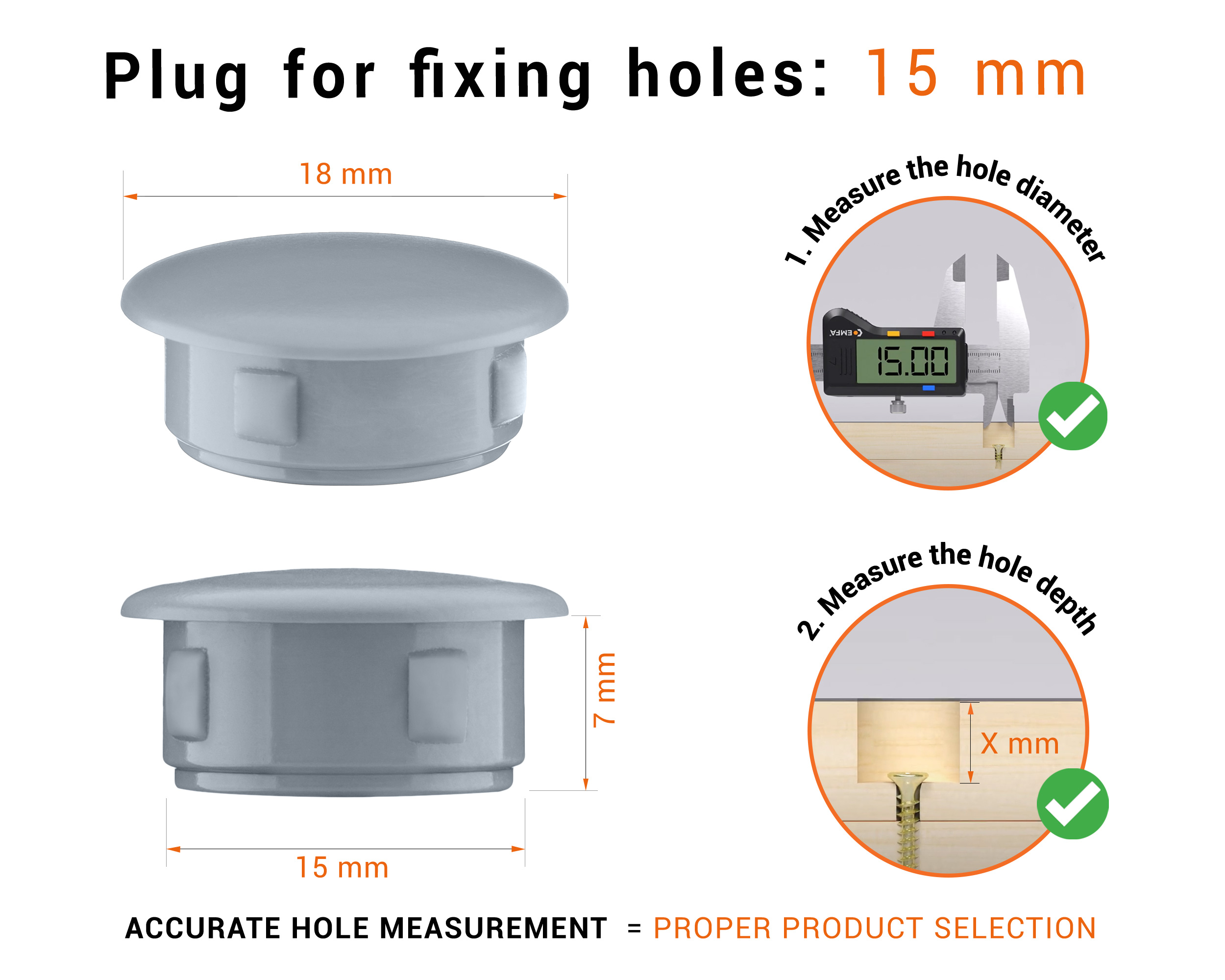 Greyplastic blanking plug 15 mm hole plug with technical dimensions and instructions for correct measurement