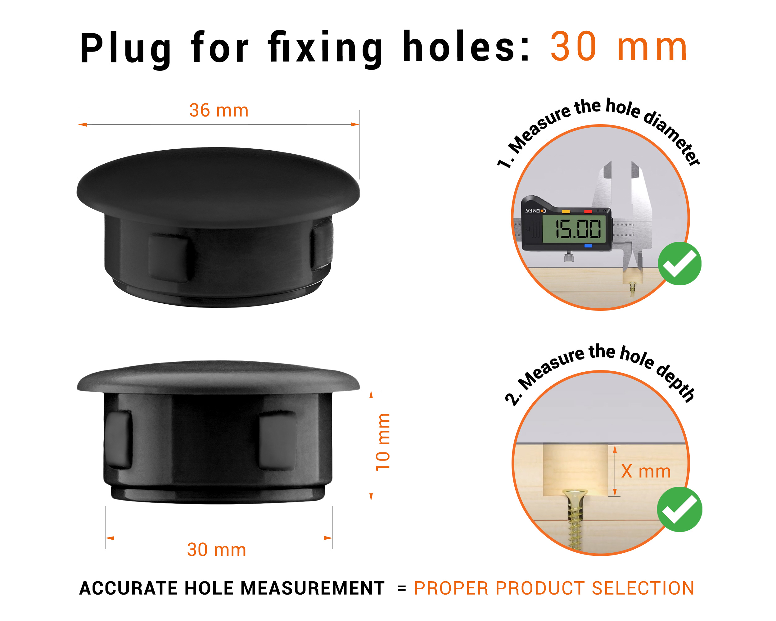 Blackplastic blanking plug 30 mm hole plug with technical dimensions and instructions for correct measurement