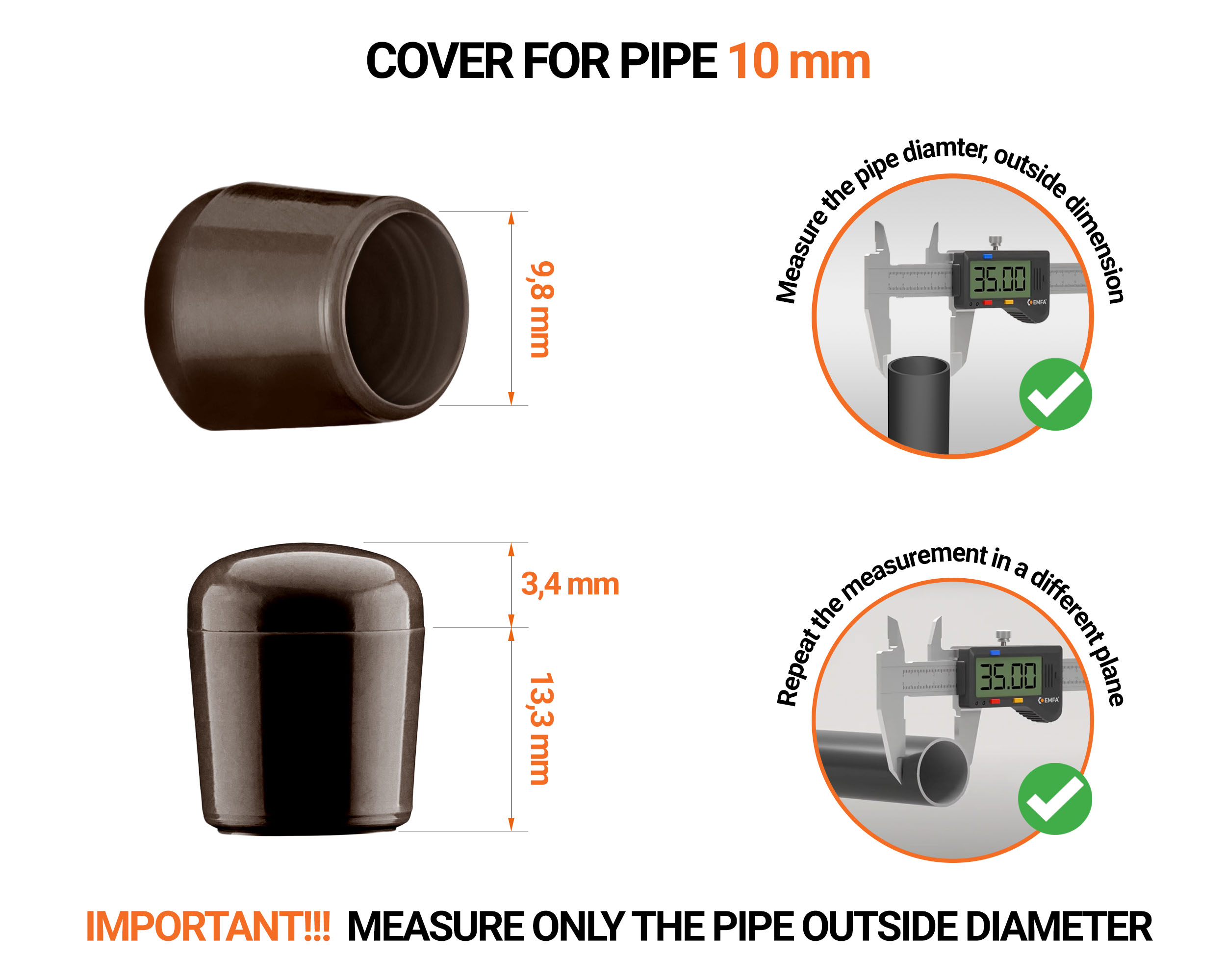 Brownn tube end caps for round tubes outer diameter 10 mm with dimensions and guide for correct measurement