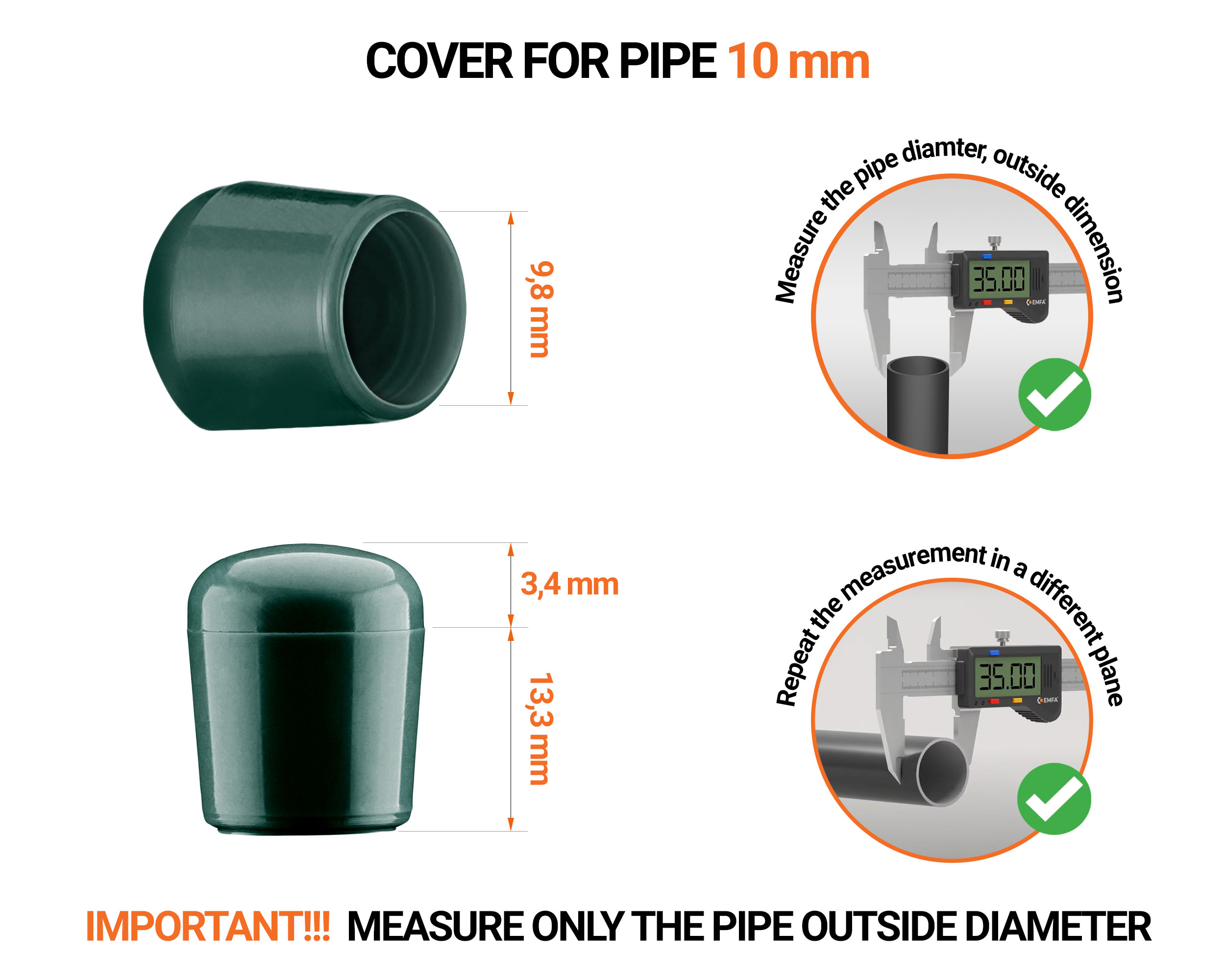 Greenn tube end caps for round tubes outer diameter 10 mm with dimensions and guide for correct measurement