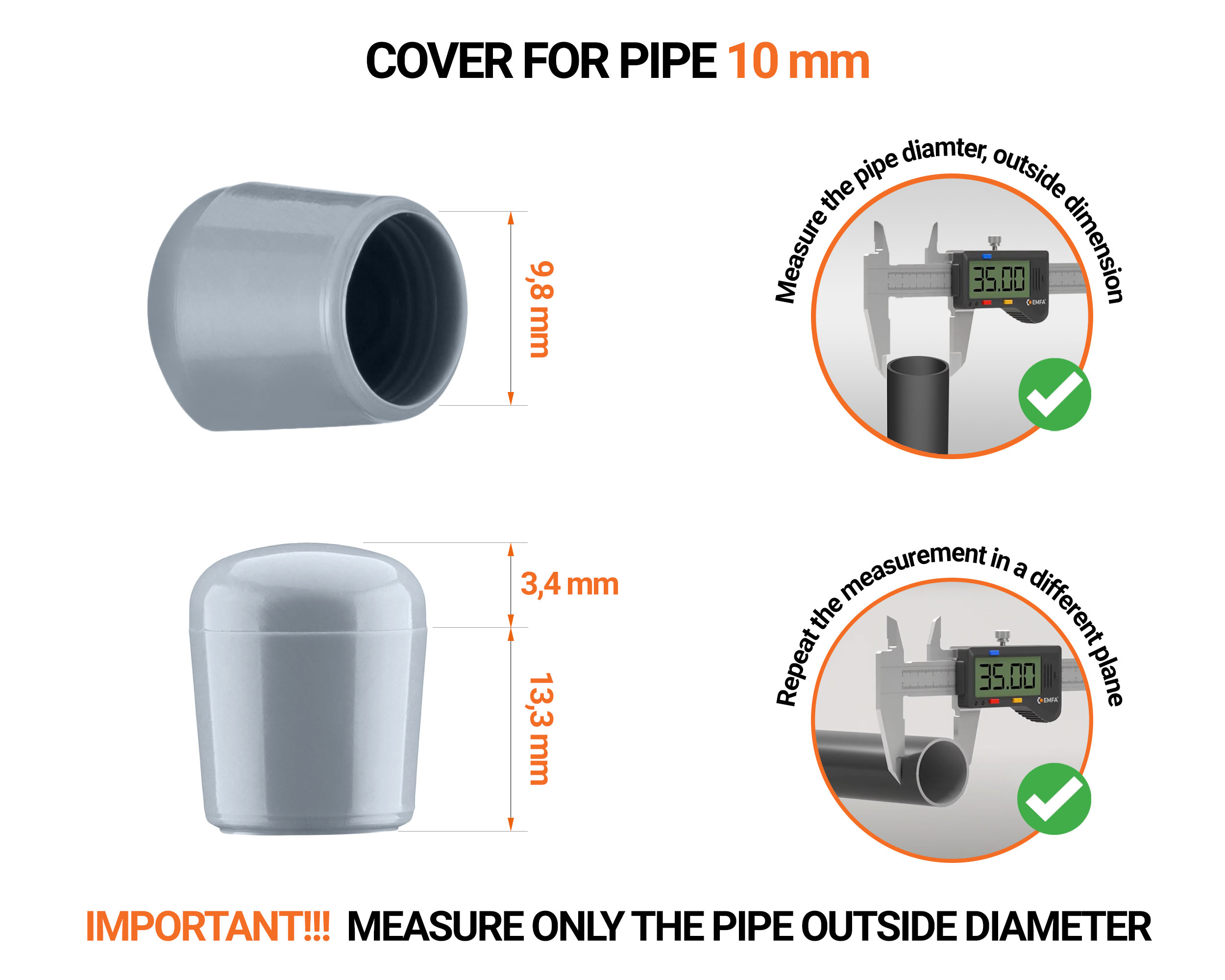 Greyn tube end caps for round tubes outer diameter 10 mm with dimensions and guide for correct measurement