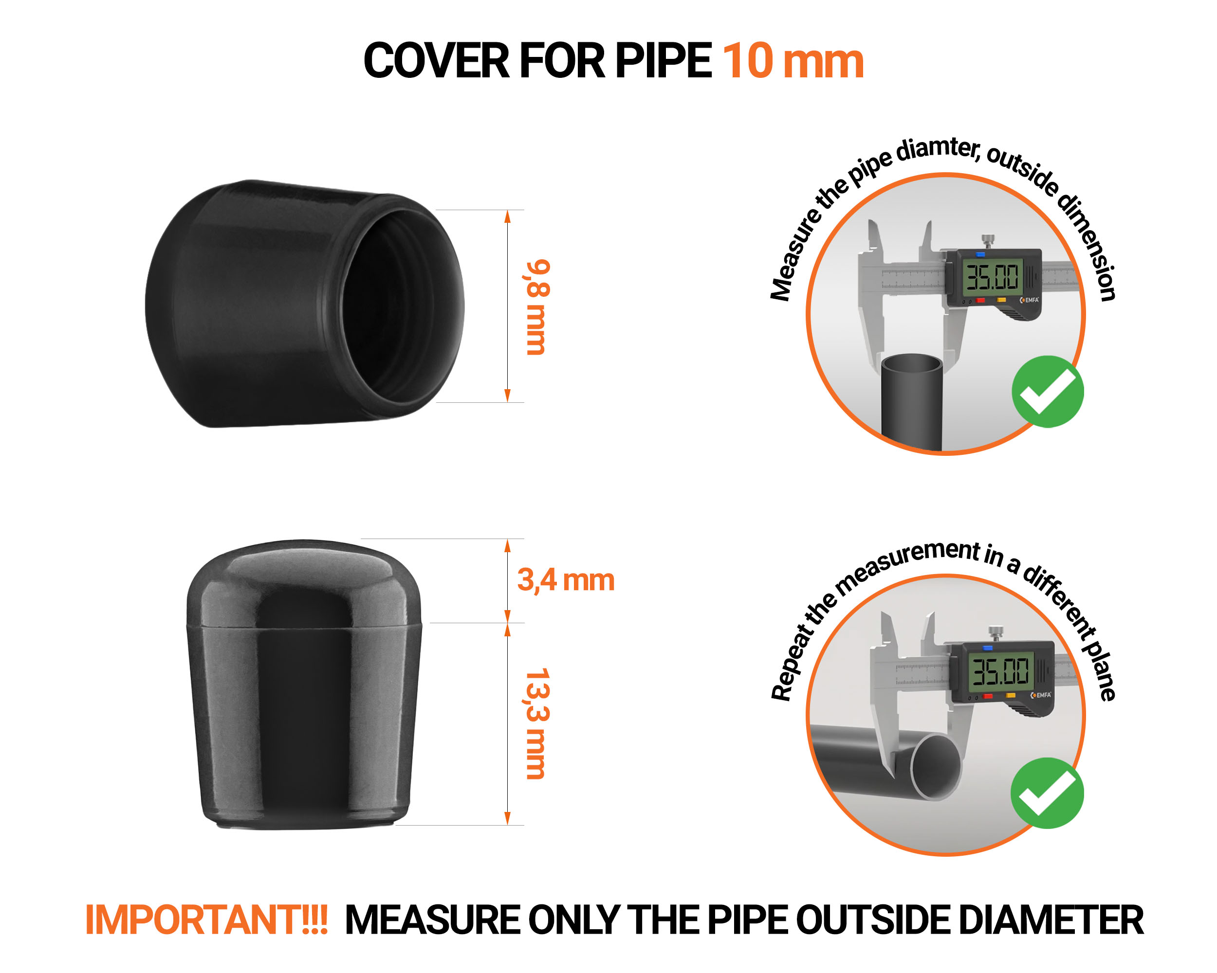 Blackn tube end caps for round tubes outer diameter 10 mm with dimensions and guide for correct measurement