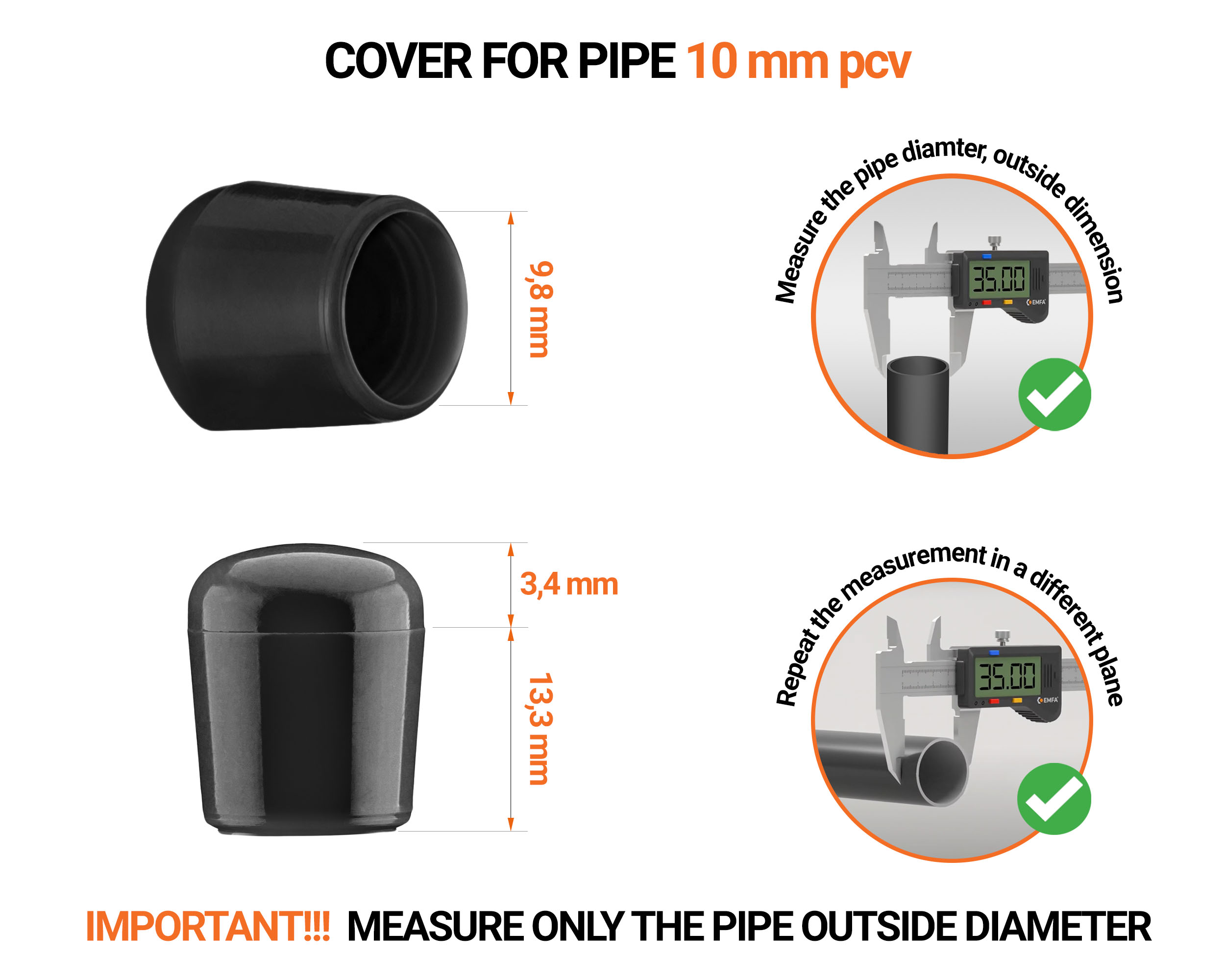 Blackn tube end caps for round tubes outer diameter PVC 10 mm with dimensions and guide for correct measurement