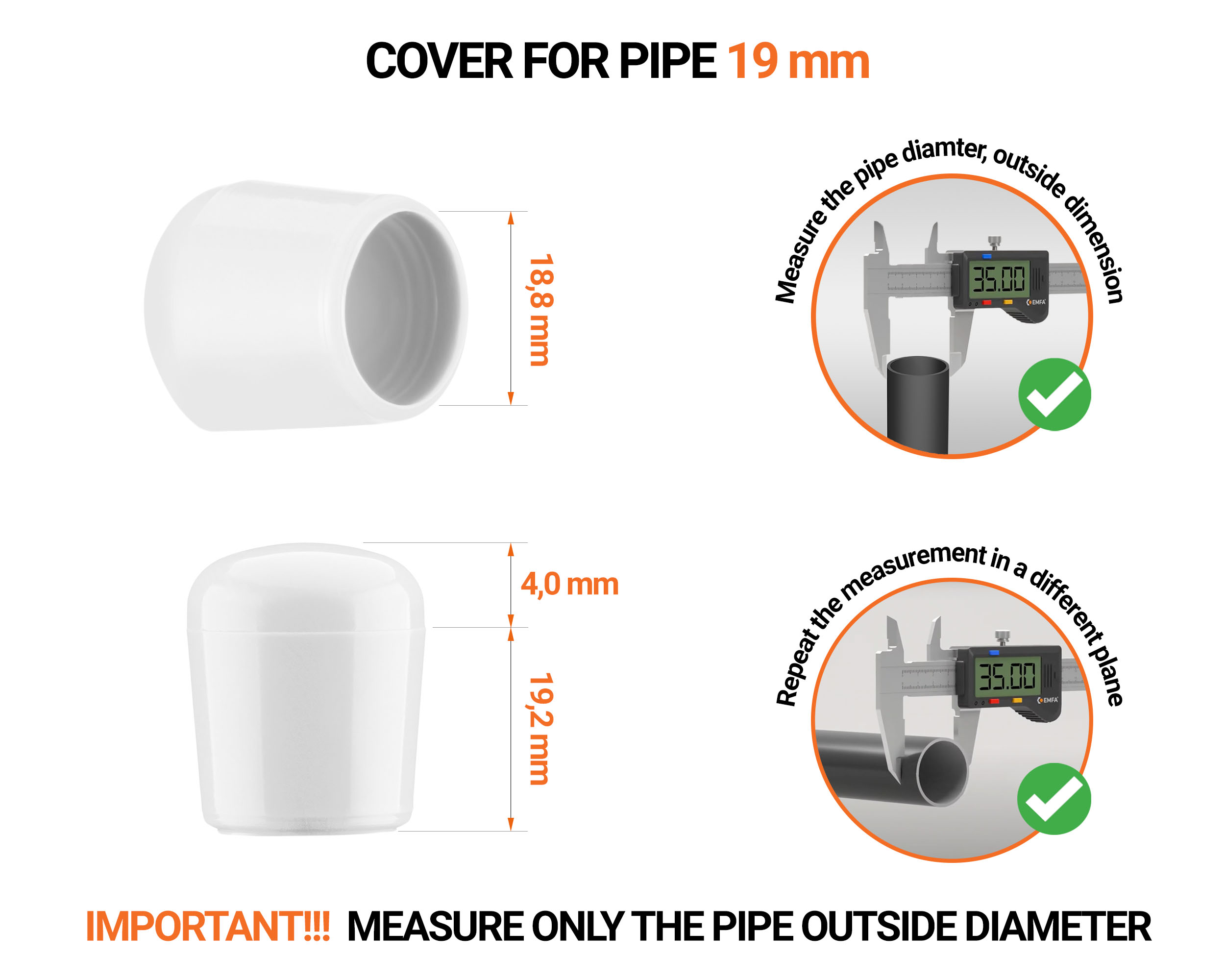 Whiten tube end caps for round tubes outer diameter 19 mm with dimensions and guide for correct measurement