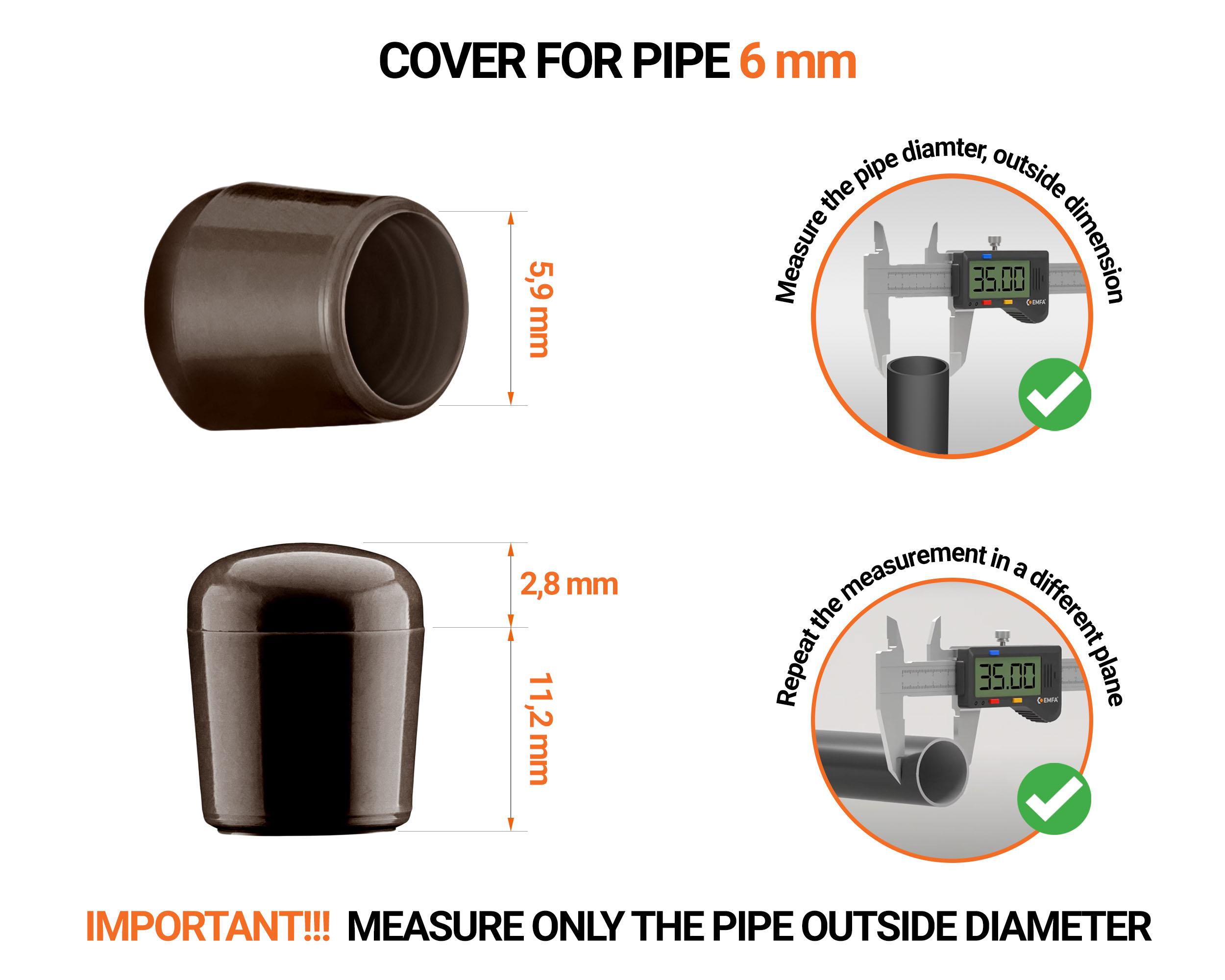 Brownn tube end caps for round tubes outer diameter 6 mm with dimensions and guide for correct measurement