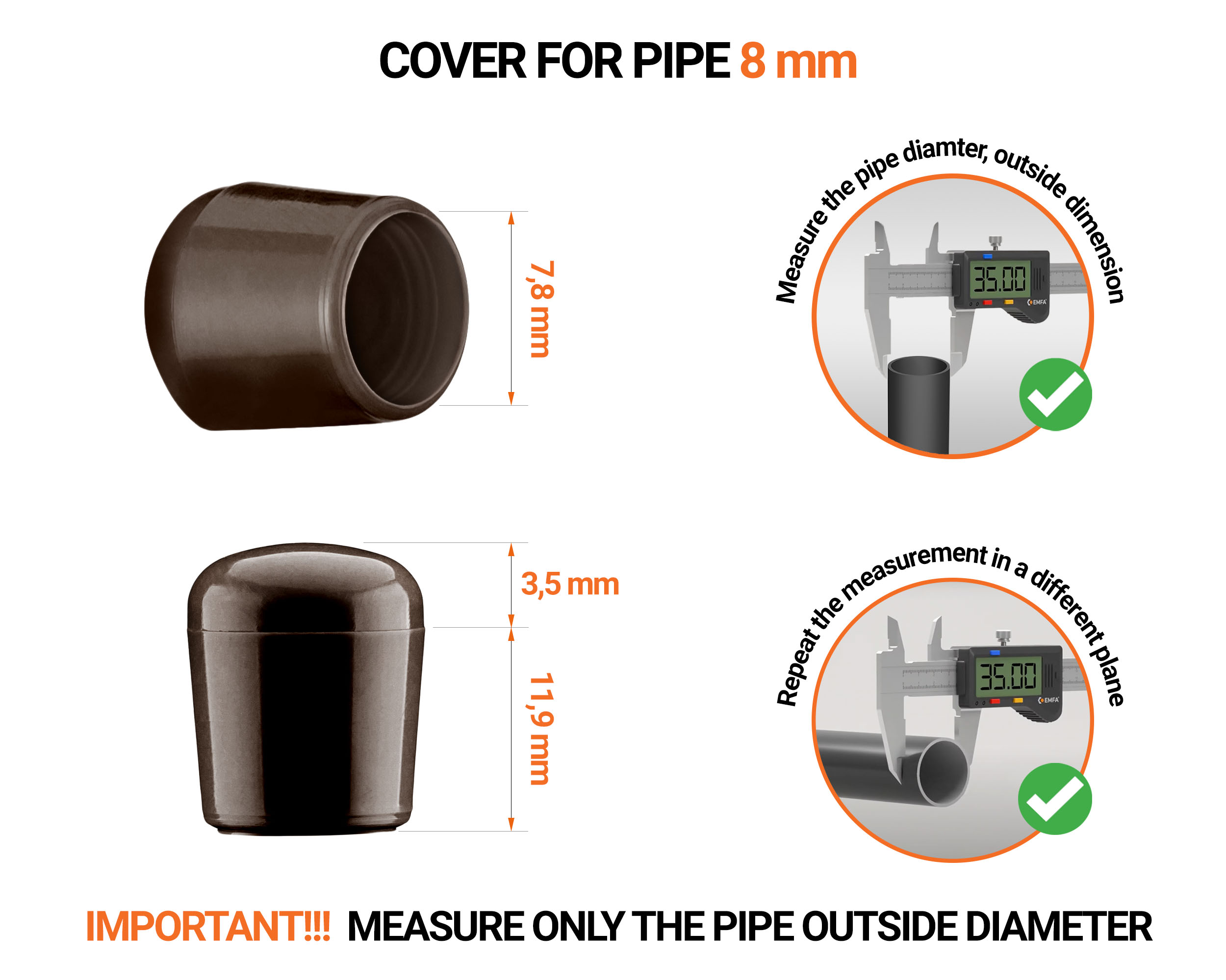 Brownn tube end caps for round tubes outer diameter 8 mm with dimensions and guide for correct measurement