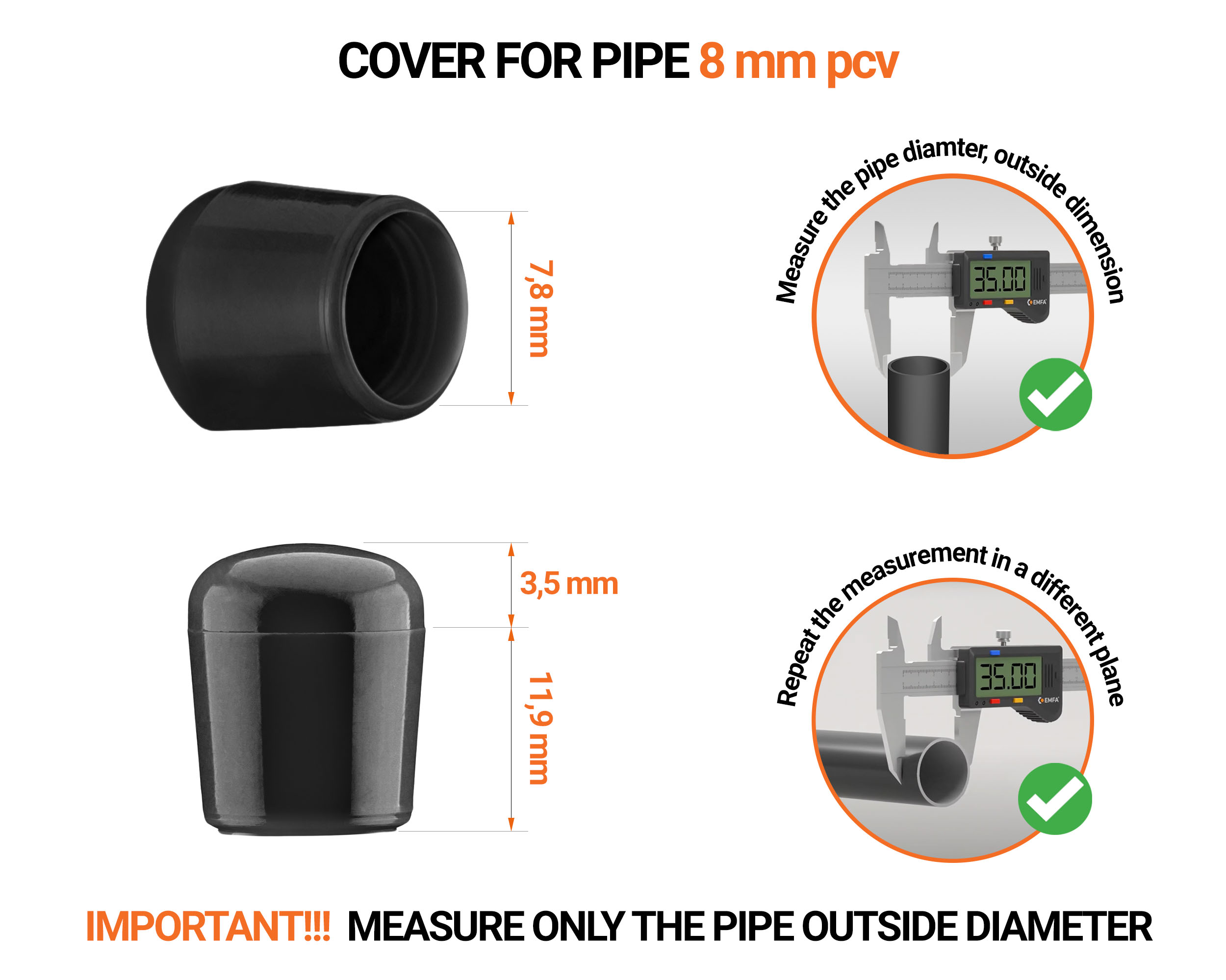 Blackn tube end caps for round tubes outer diameter PVC 8 mm with dimensions and guide for correct measurement