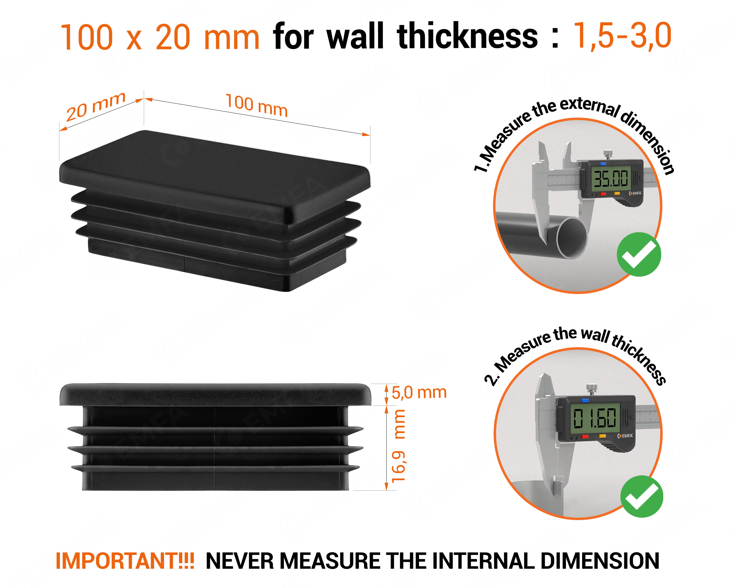 Black rectangular tube insert for 20x100 mm tube with technical dimensions and guide for correct measurement of the end caps.