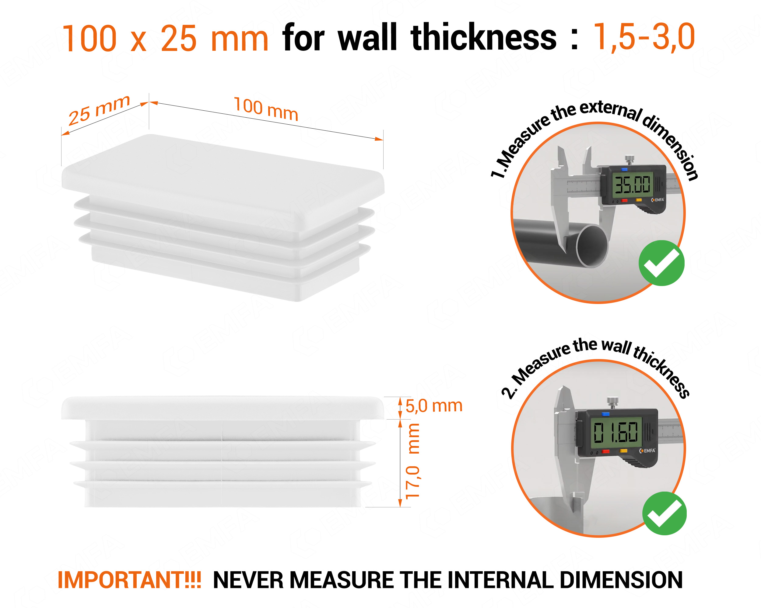 White rectangular tube insert for 25x100 mm tube with technical dimensions and guide for correct measurement of the end caps.