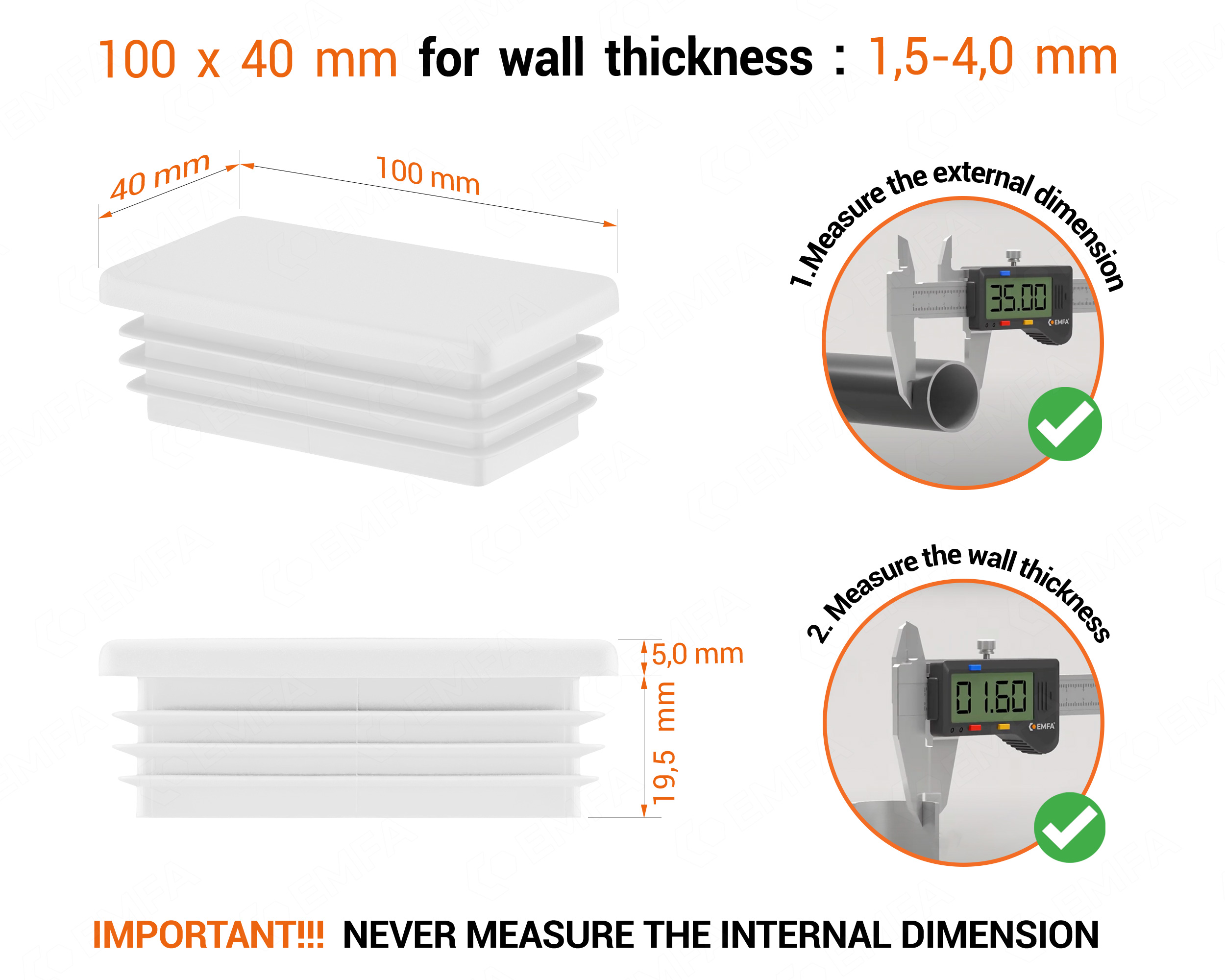 White rectangular tube insert for 40x100 mm tube with technical dimensions and guide for correct measurement of the end caps.