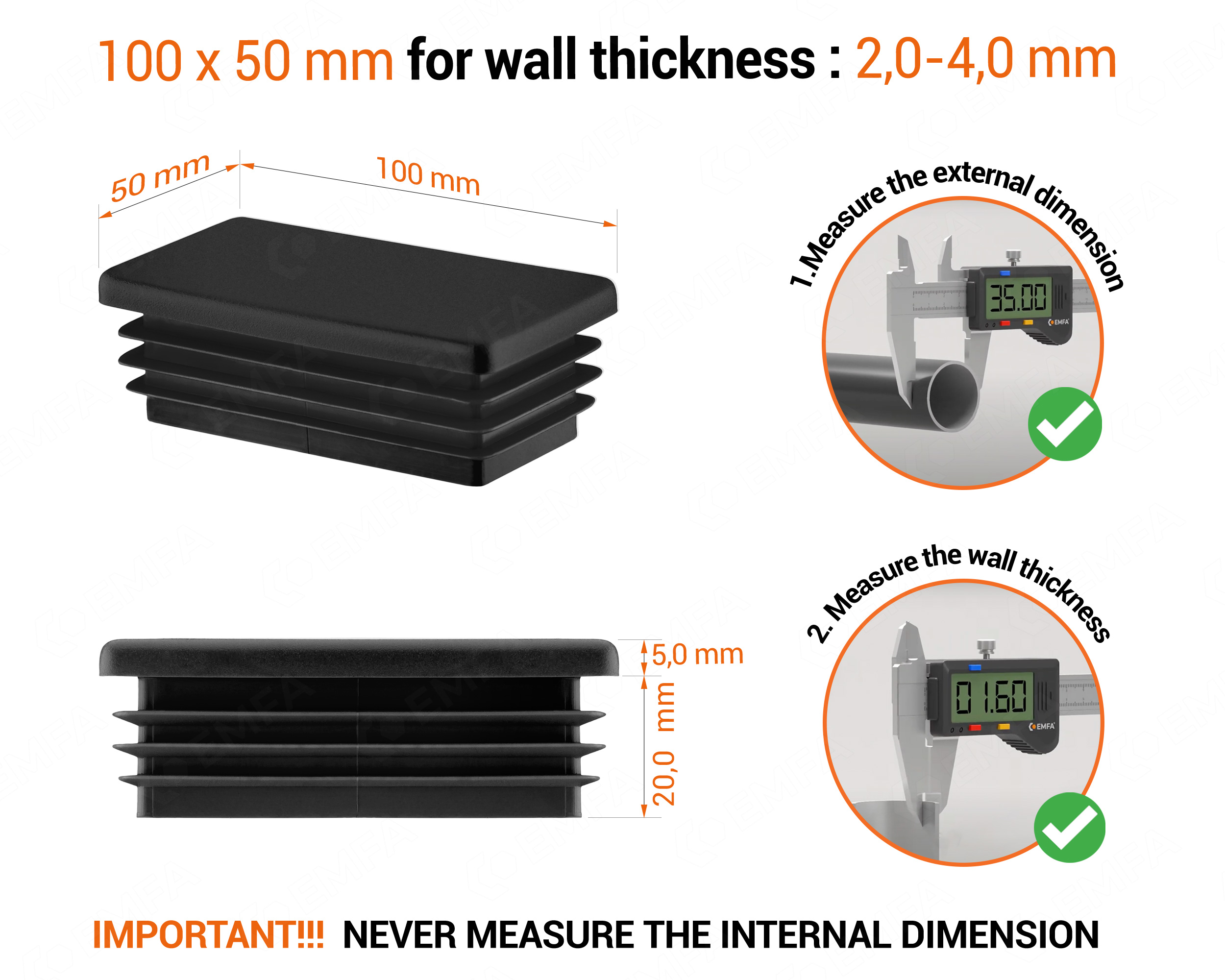 Black rectangular tube insert for 50x100 mm tube with technical dimensions and guide for correct measurement of the end caps.