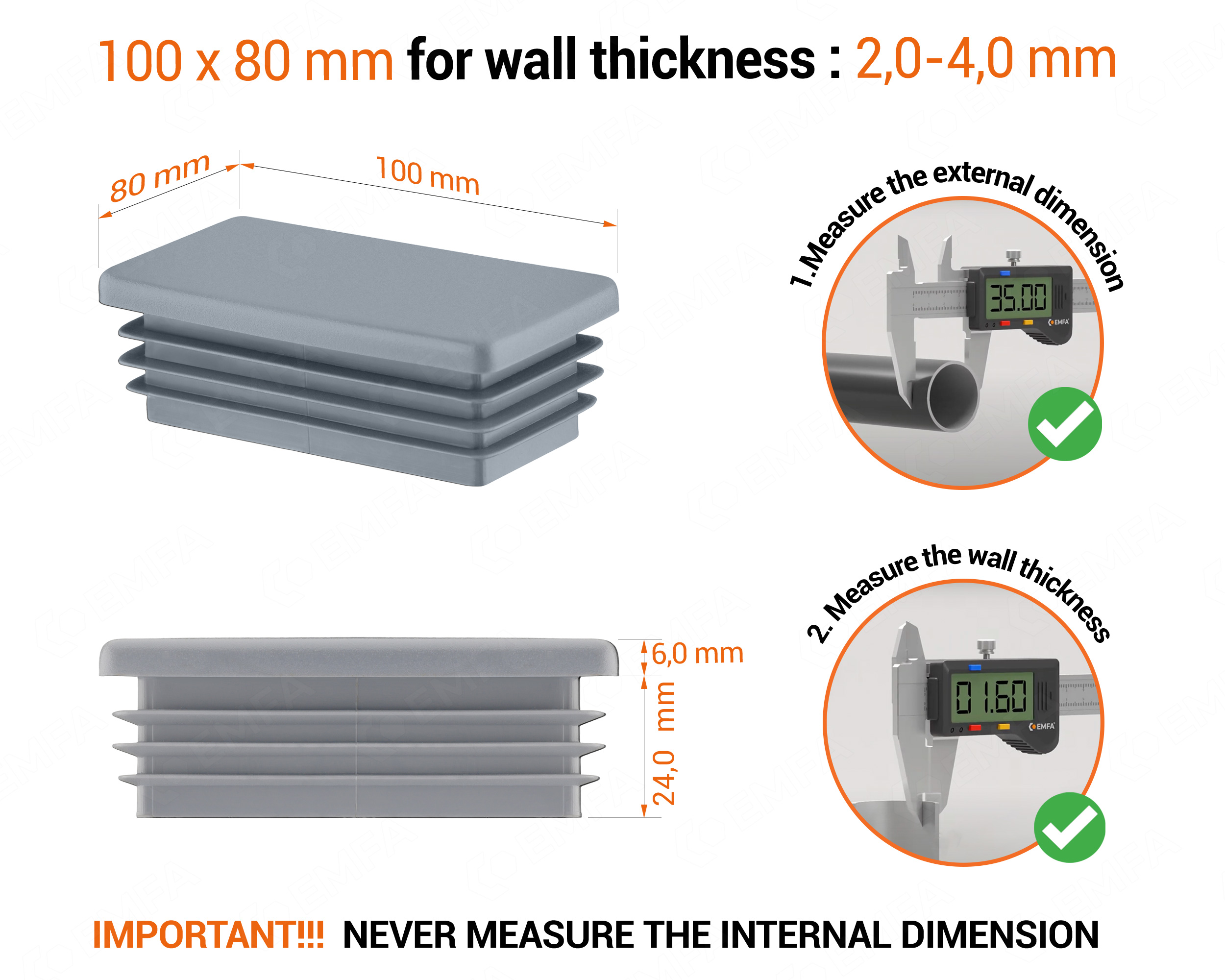 Grey rectangular tube insert for 80x100 mm tube with technical dimensions and guide for correct measurement of the end caps.