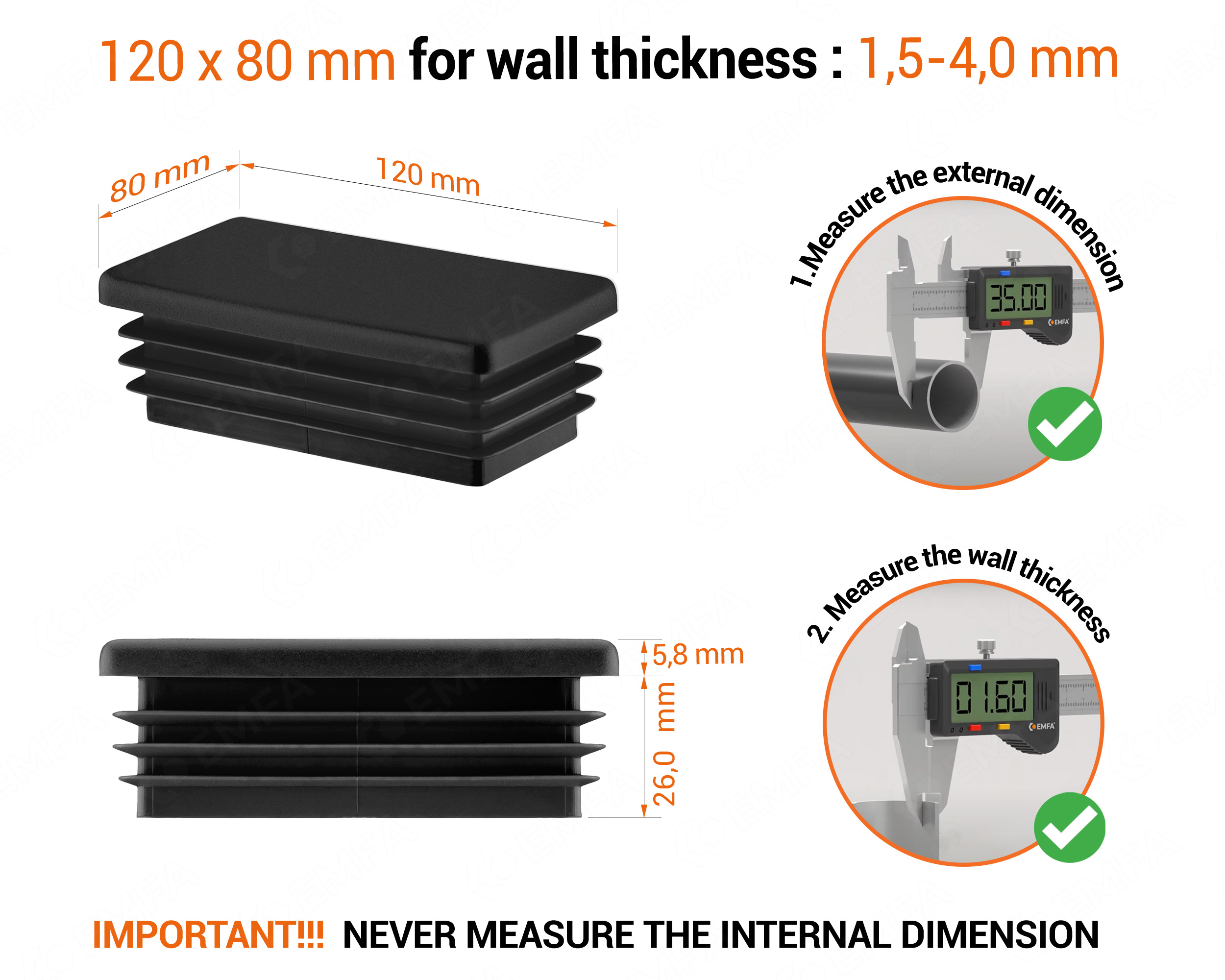 Black rectangular tube insert for 80x120 mm tube with technical dimensions and guide for correct measurement of the end caps.