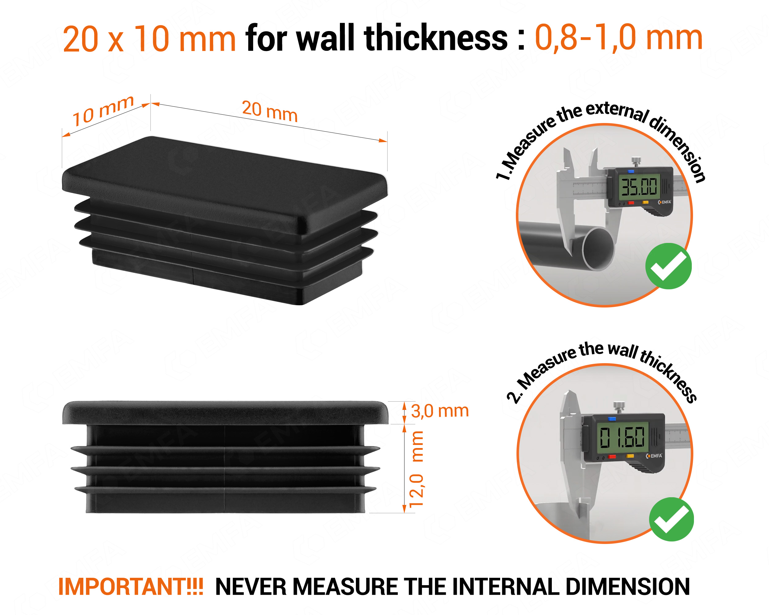 Black rectangular tube insert for 10x20 mm tube with technical dimensions and guide for correct measurement of the end caps.