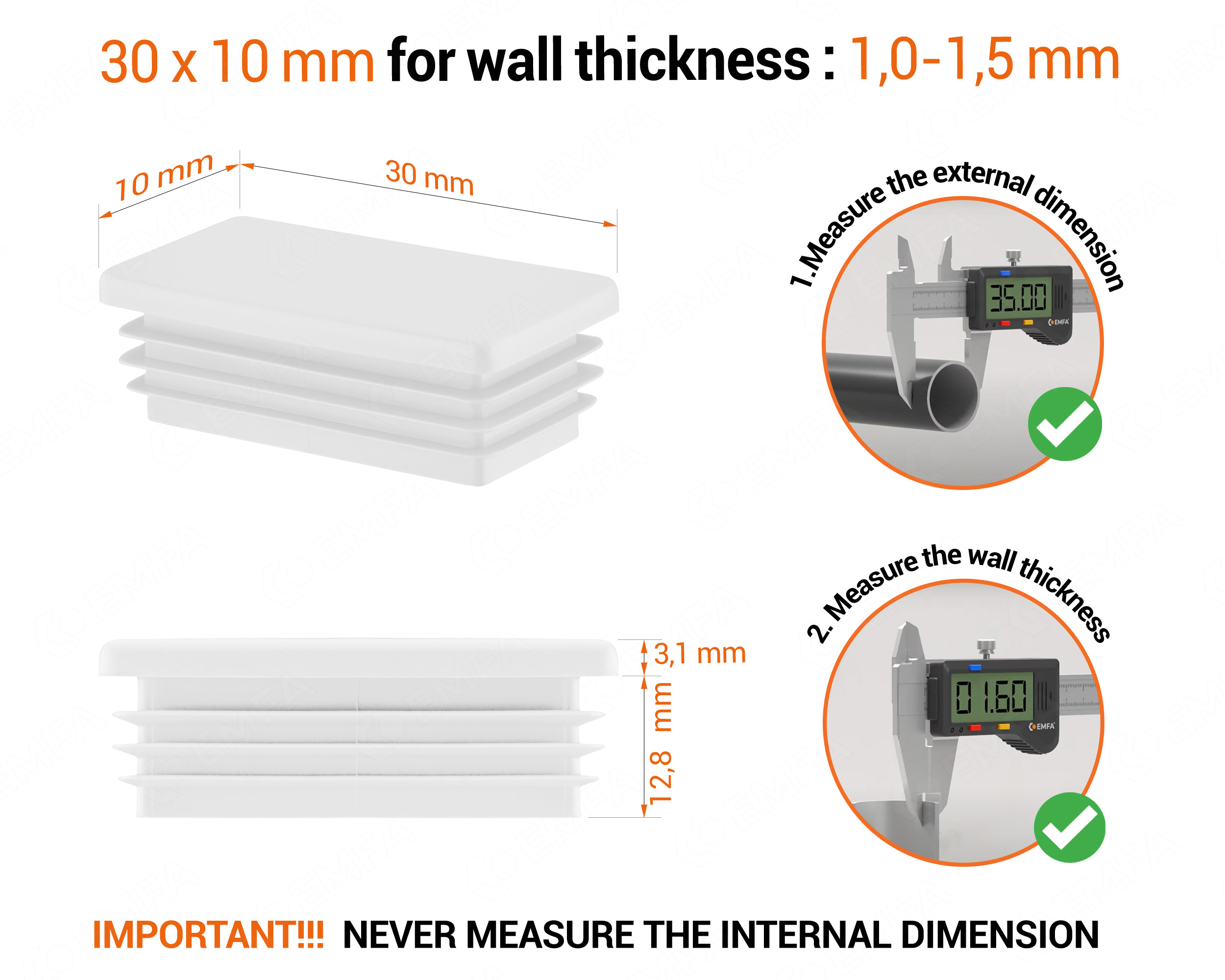 White rectangular tube insert for 10x30 mm tube with technical dimensions and guide for correct measurement of the end caps.