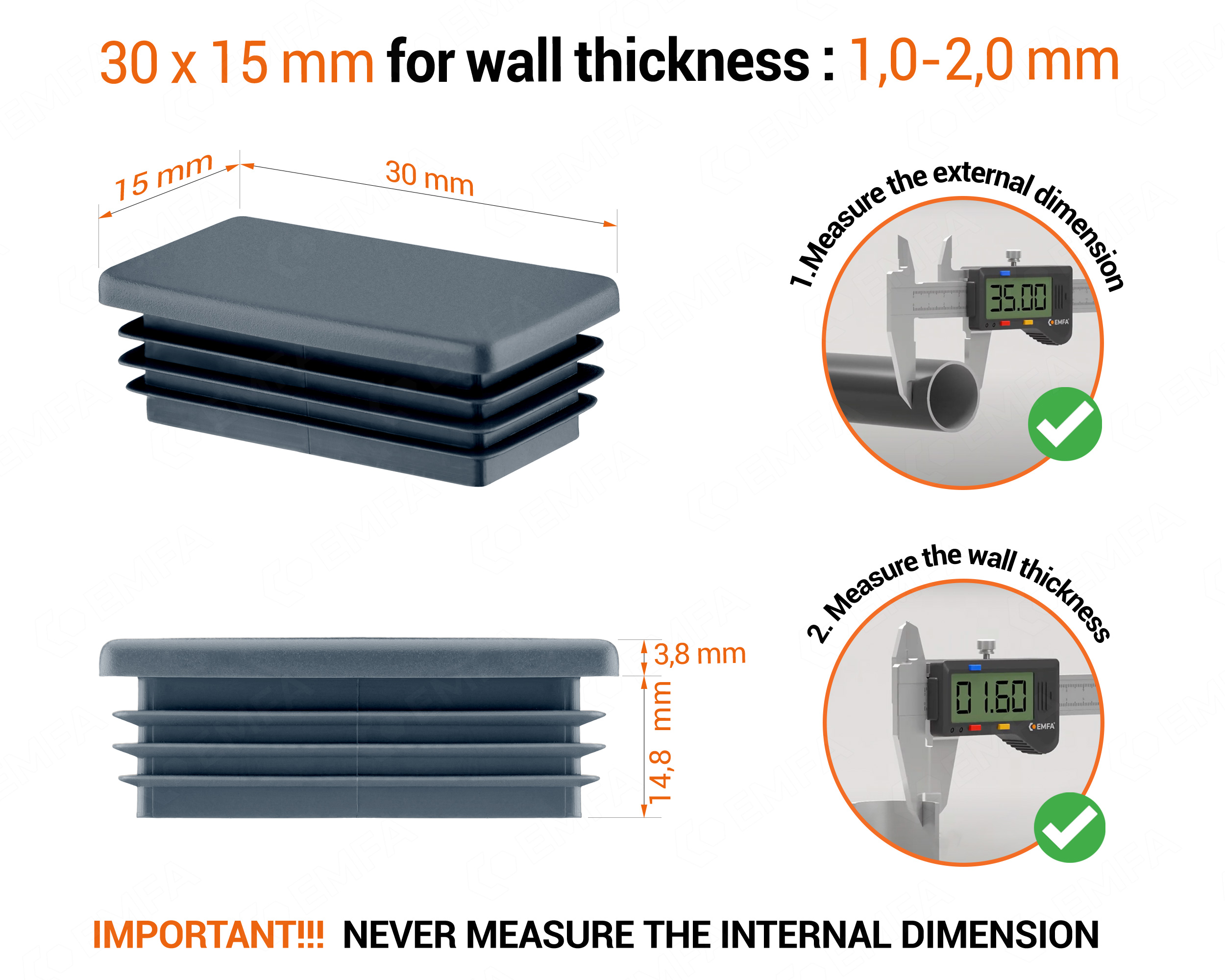 Anthracite rectangular tube insert for 15x30 mm tube with technical dimensions and guide for correct measurement of the end caps.