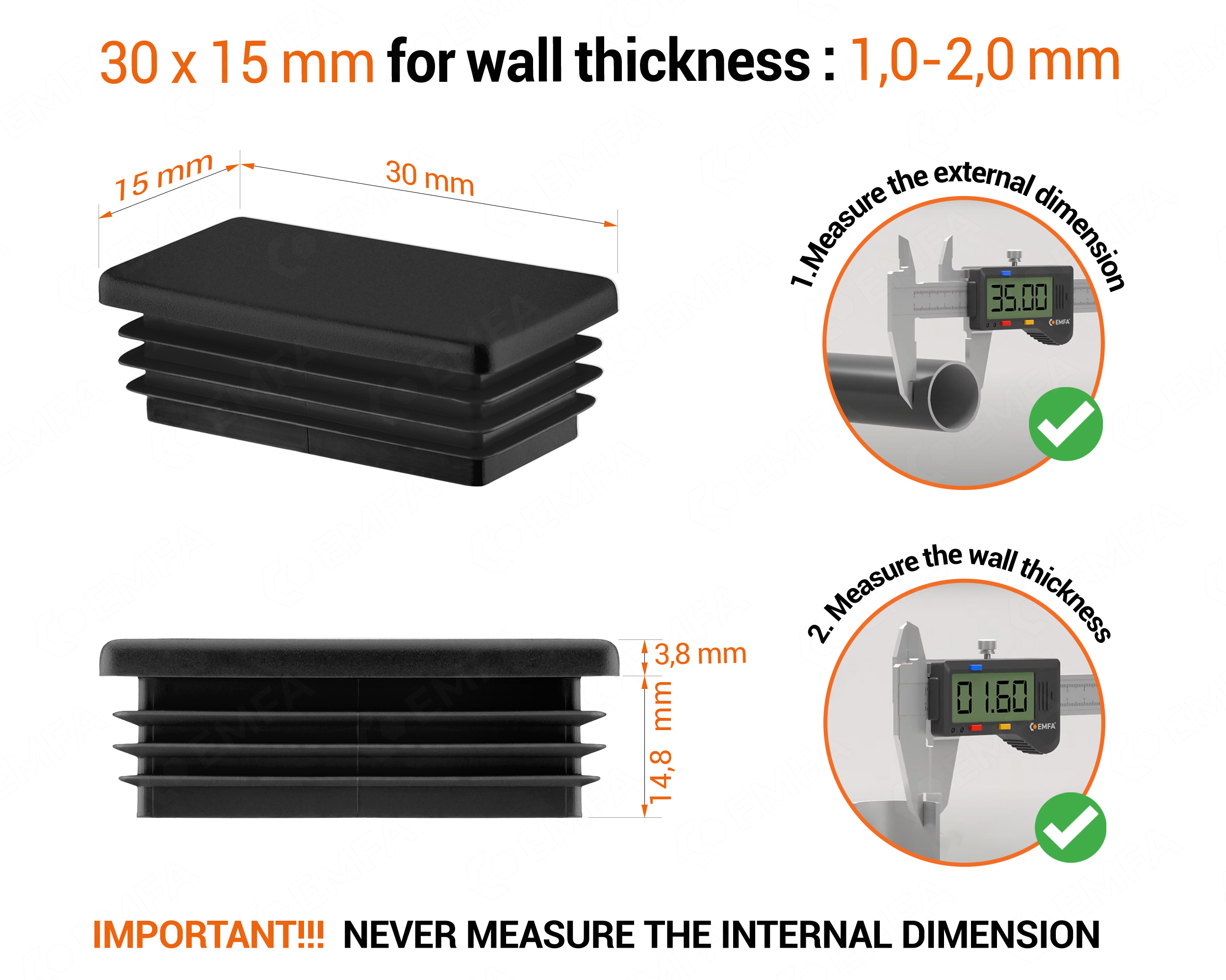 Black rectangular tube insert for 15x30 mm tube with technical dimensions and guide for correct measurement of the end caps.